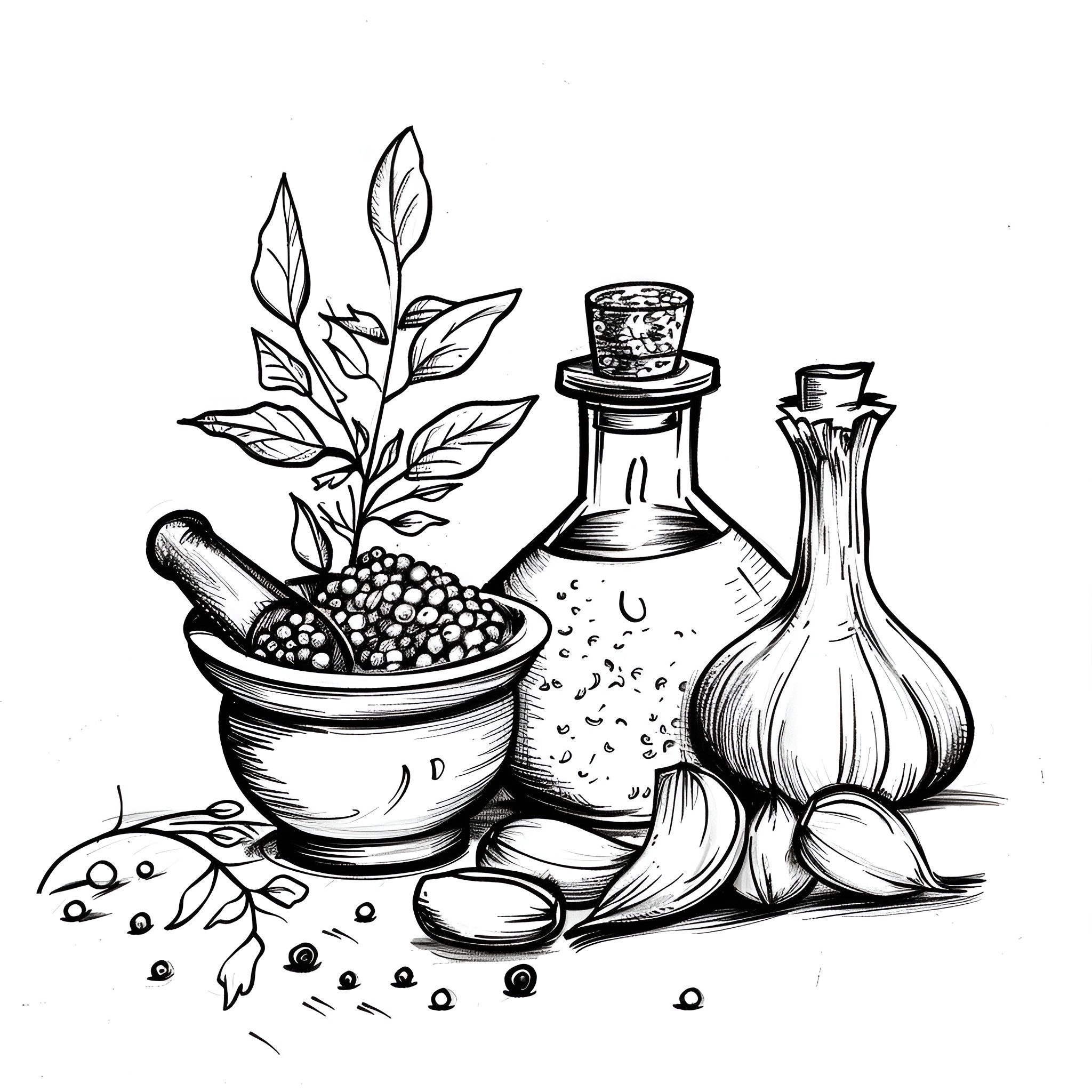 Still Life with Herbs, Spices, and Glassware Drawing Idea (free black-and-white line drawing printable PDF for all, from beginners to advanced learners, including children, teens, adults, and seniors)