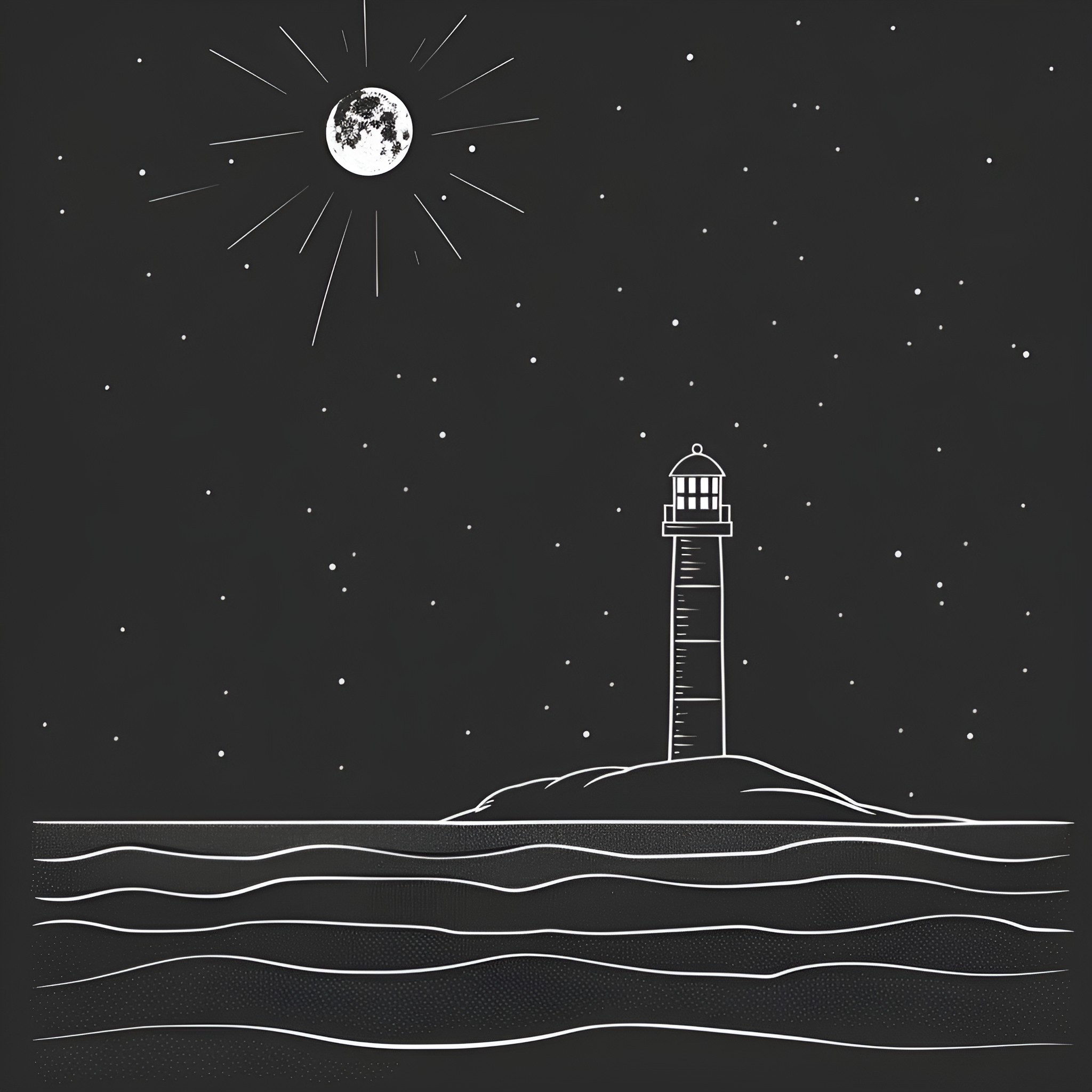 Moon lighthouse guiding ships at night Drawing Idea (free black-and-white line drawing printable PDF for all, from beginners to advanced learners, including children, teens, adults, and seniors)