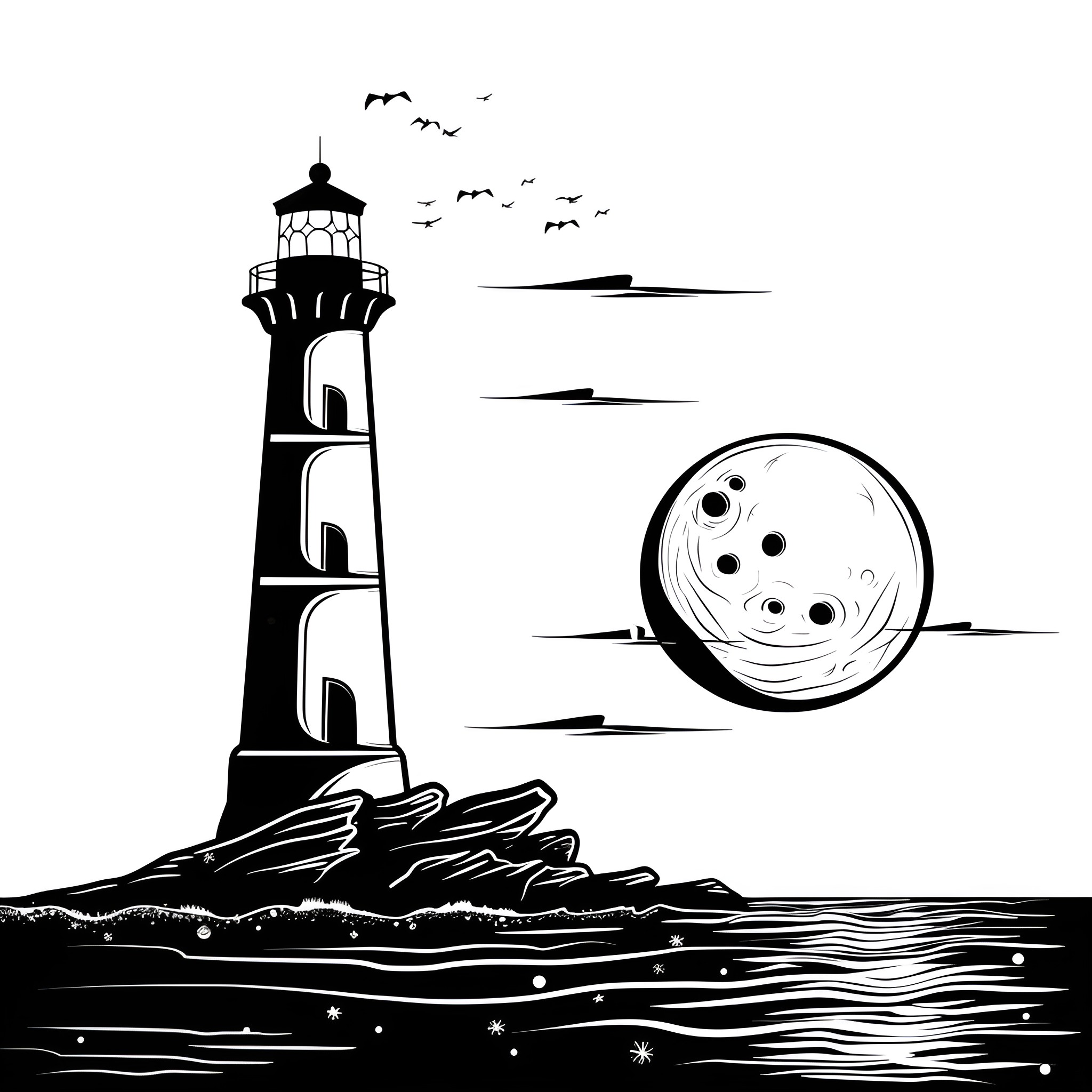 Moon illuminates lighthouse and night sky Drawing Idea (free black-and-white line drawing printable PDF for all, from beginners to advanced learners, including children, teens, adults, and seniors)