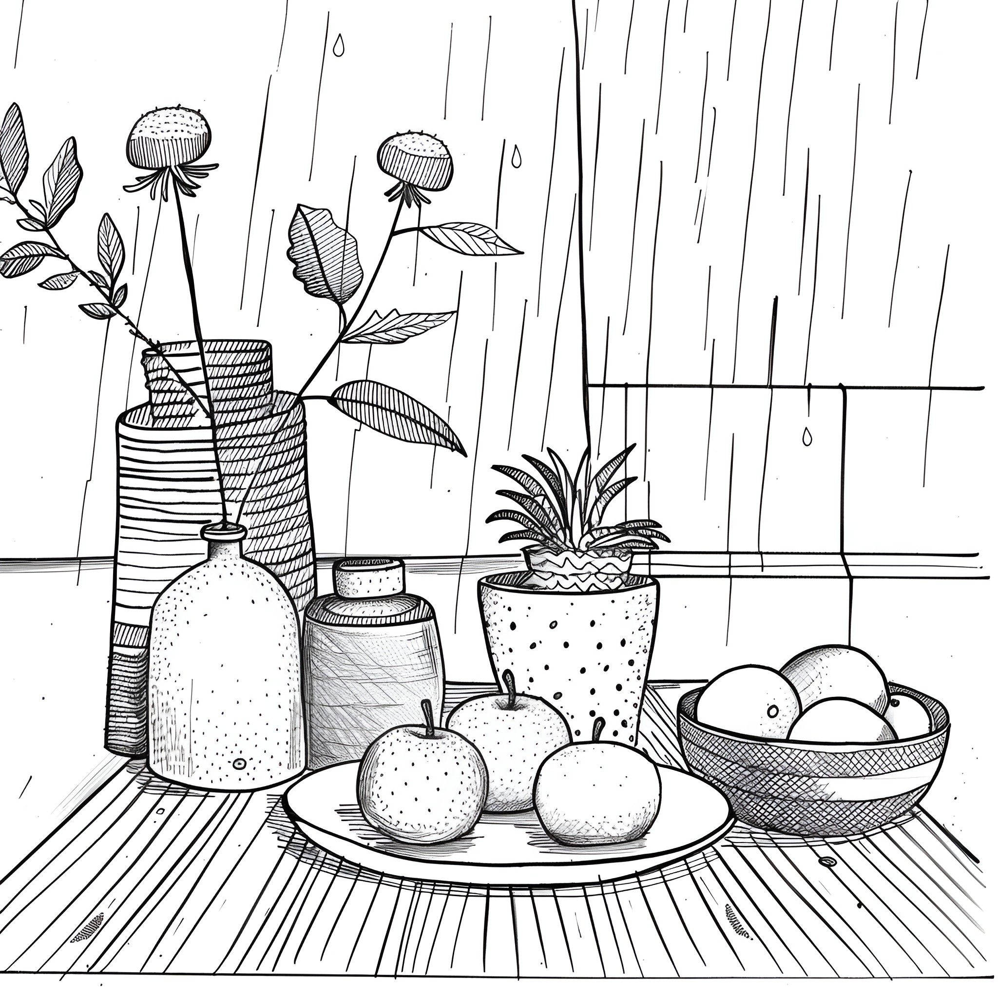 Still Life with Assorted Vessels and Produce Drawing Idea (free black-and-white line drawing printable PDF for all, from beginners to advanced learners, including children, teens, adults, and seniors)