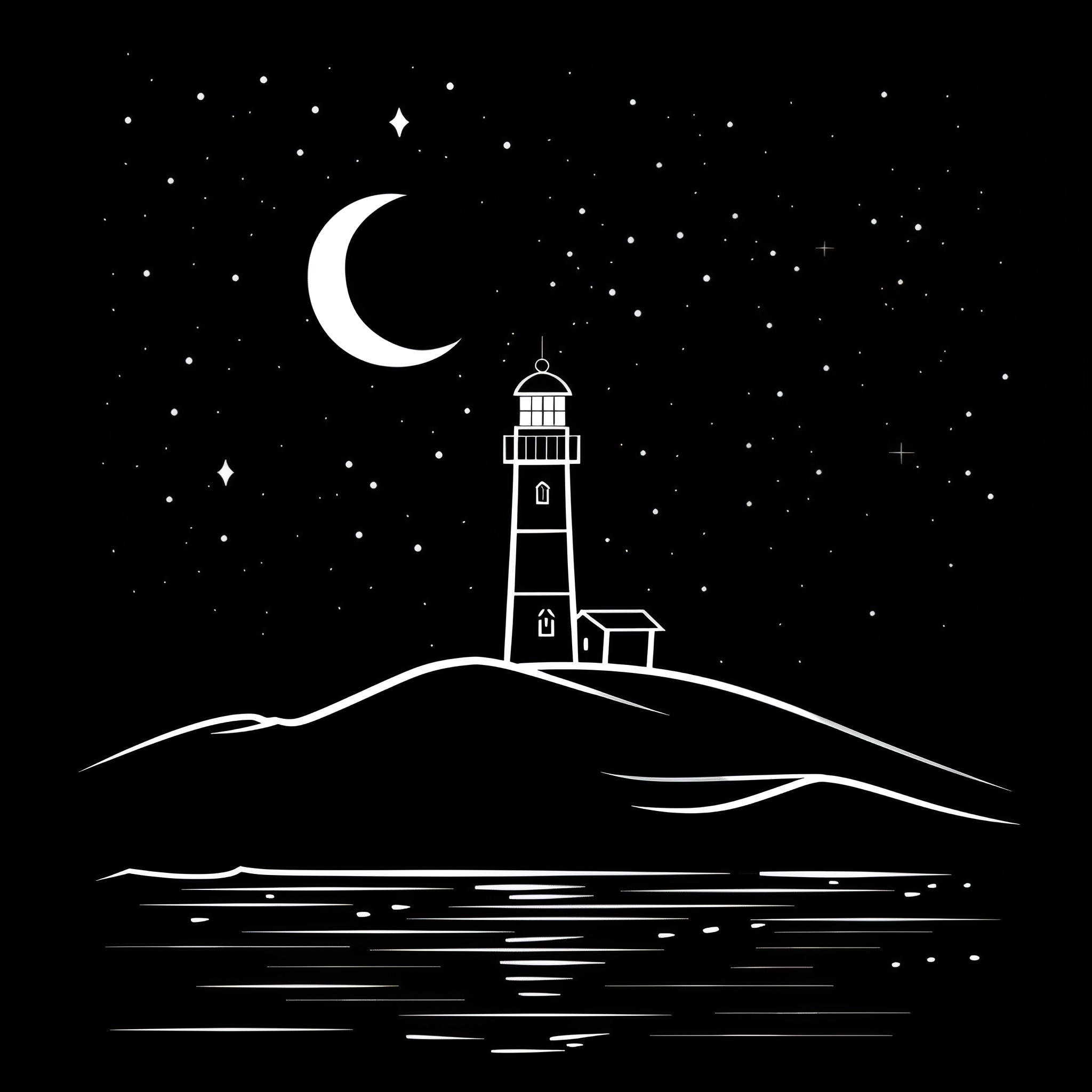Moon lighthouse silhouette at night Drawing Idea (free black-and-white line drawing printable PDF for all, from beginners to advanced learners, including children, teens, adults, and seniors)