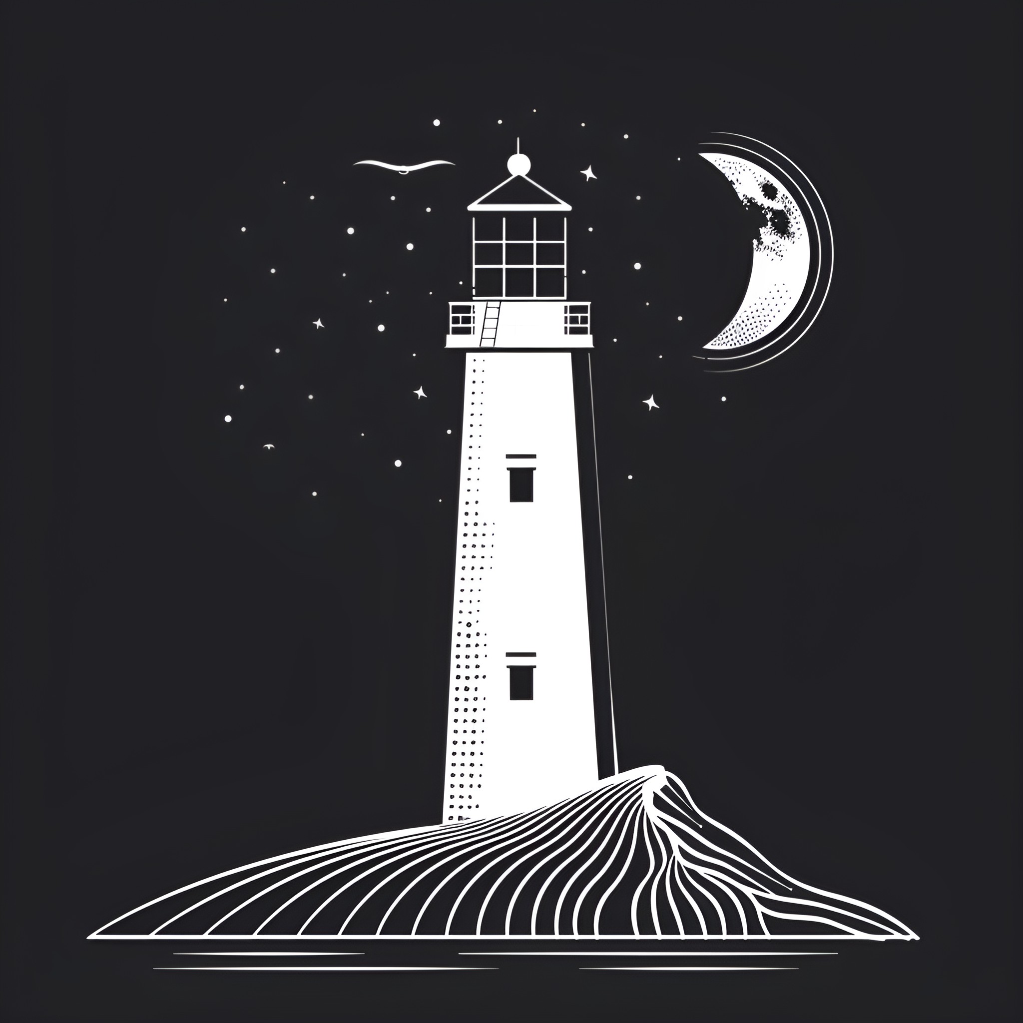 Moon Lighthouse in the Night Sky Drawing Idea (free black-and-white line drawing printable PDF for all, from beginners to advanced learners, including children, teens, adults, and seniors)