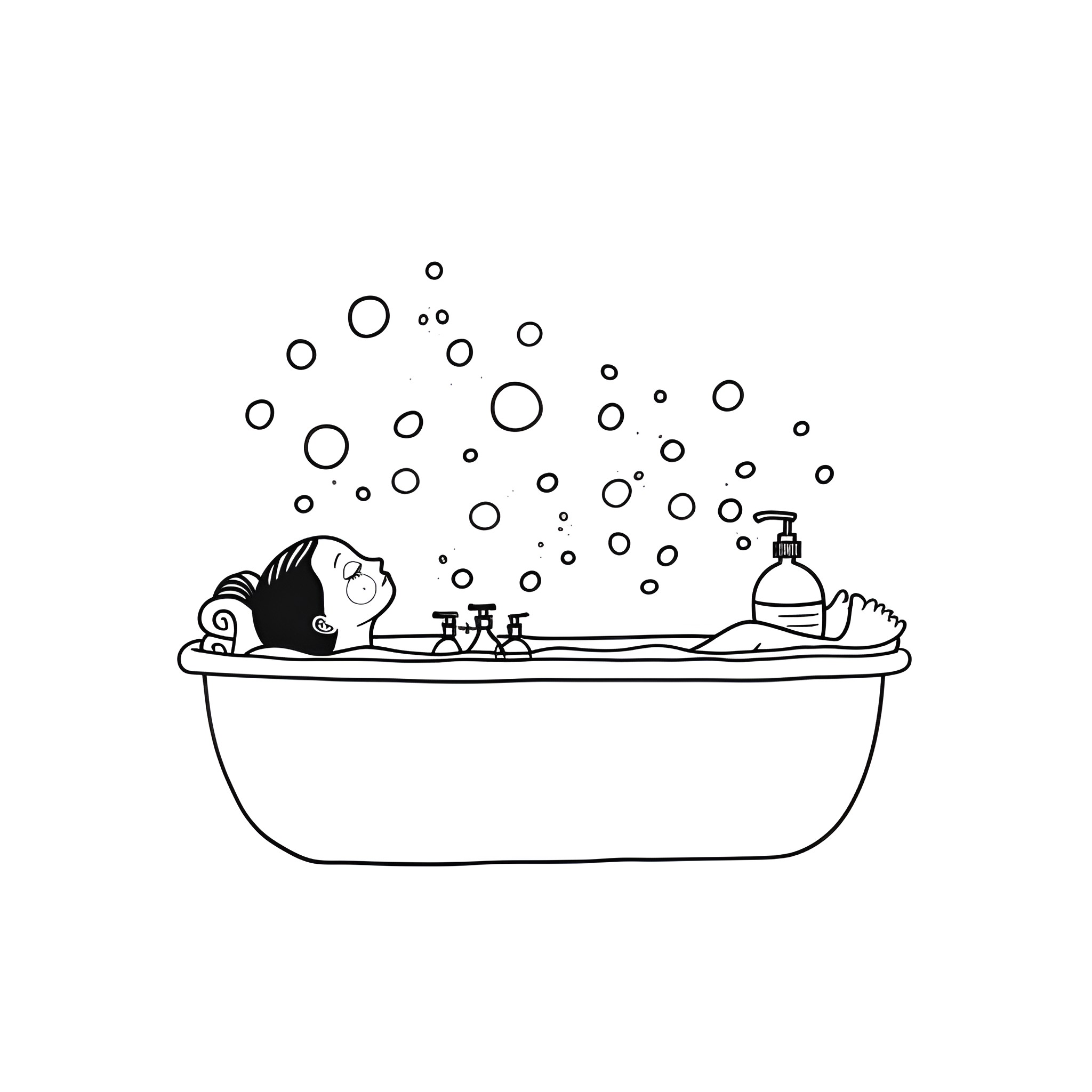 Mental Health - Person relaxing in a bubble bath Drawing Idea (free black-and-white line drawing printable PDF for all, from beginners to advanced learners, including children, teens, adults, and seniors)