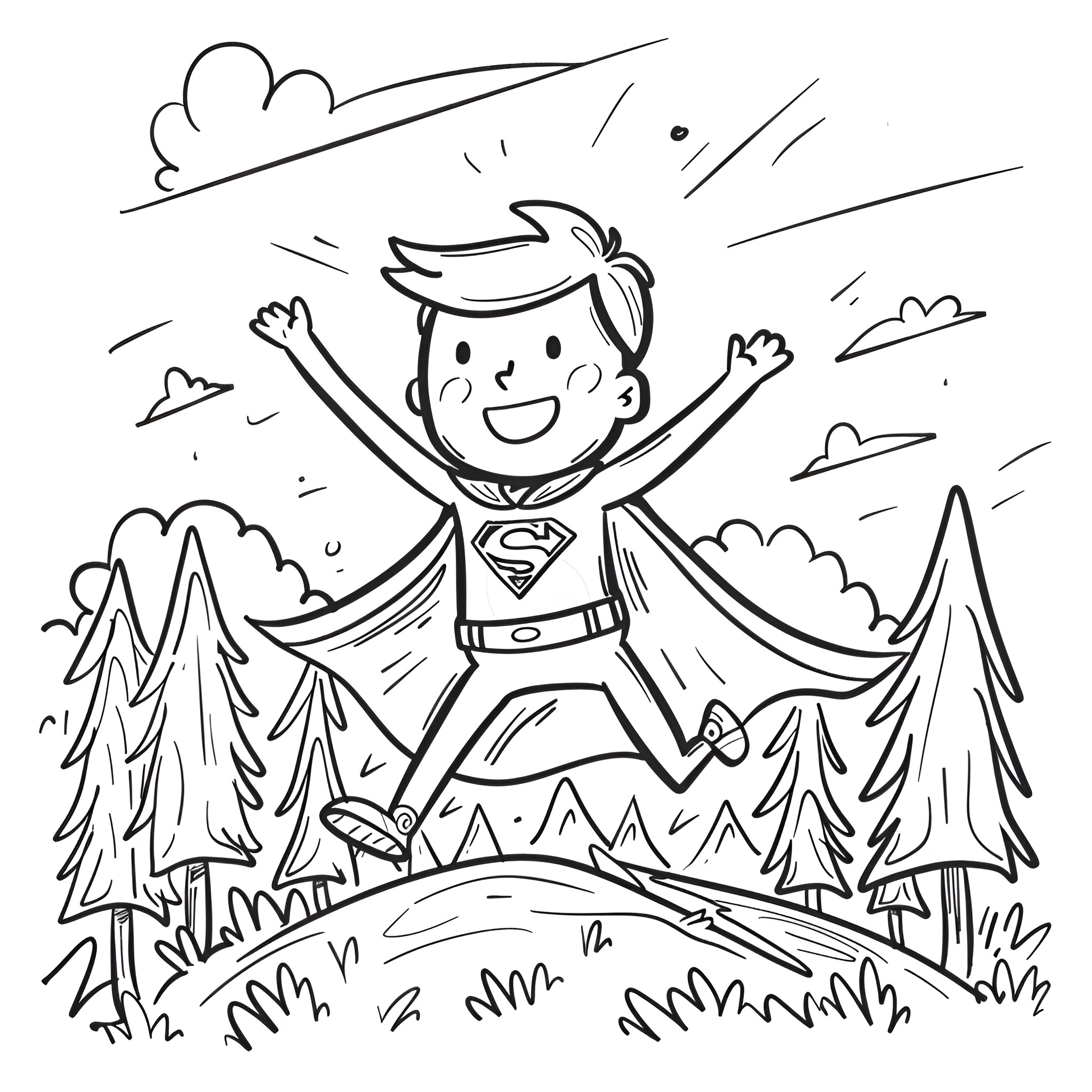 Superhero joyfully jumping in the wilderness Drawing Idea (free black-and-white line drawing printable PDF for all, from beginners to advanced learners, including children, teens, adults, and seniors)