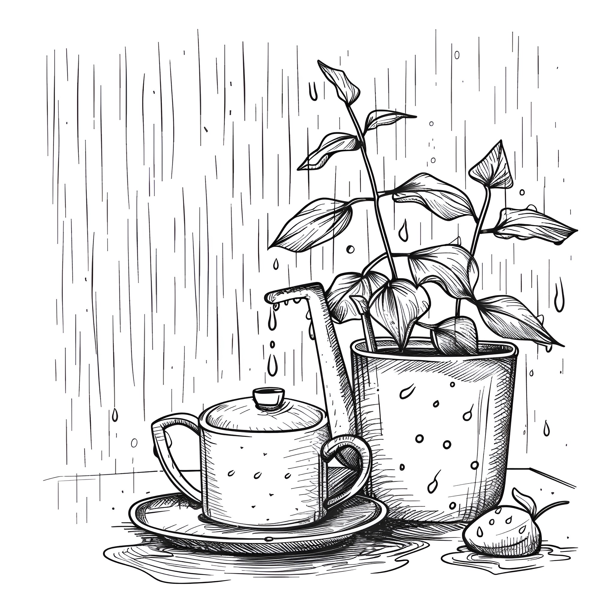 Still Life with Potted Plant and Teapot Drawing Idea (free black-and-white line drawing printable PDF for all, from beginners to advanced learners, including children, teens, adults, and seniors)