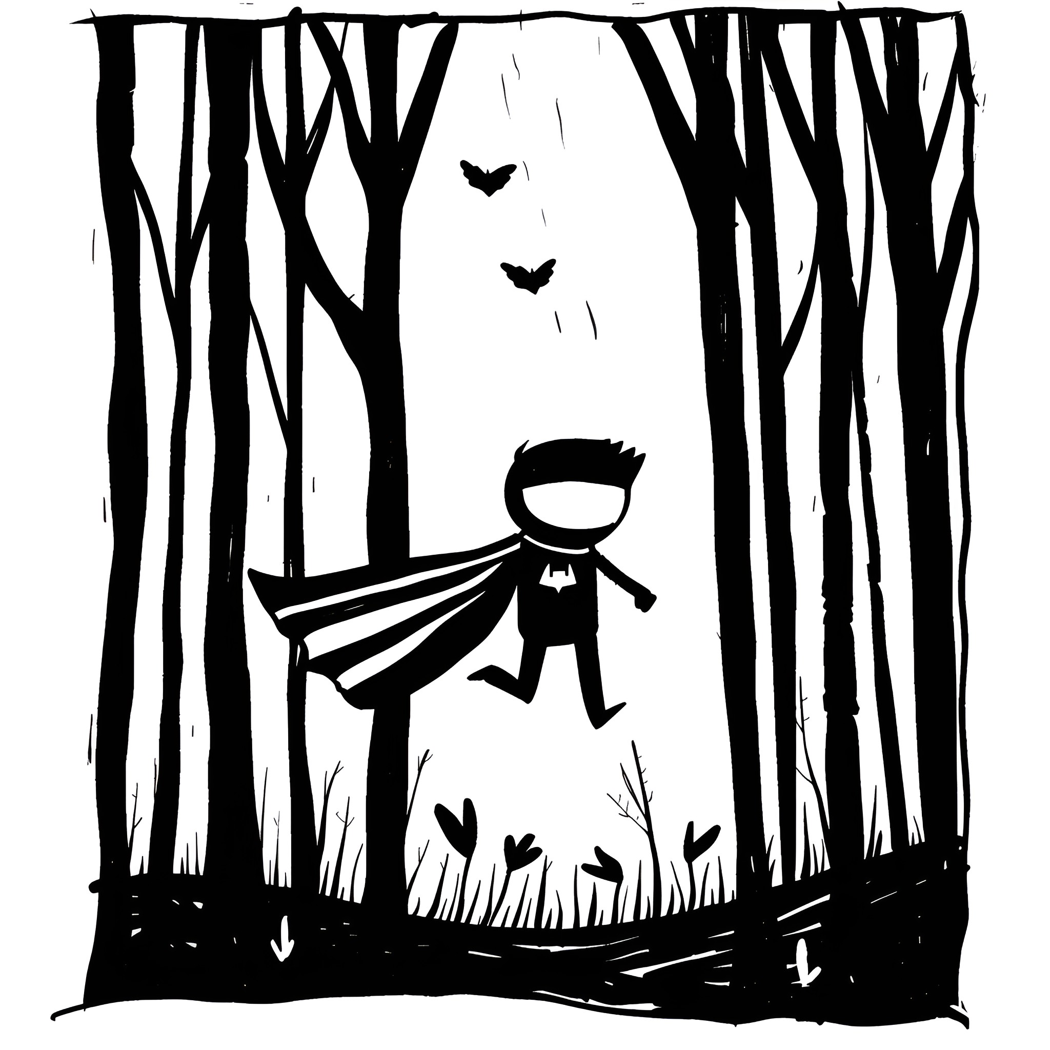 Superhero swooping through mysterious forest Drawing Idea (free black-and-white line drawing printable PDF for all, from beginners to advanced learners, including children, teens, adults, and seniors)