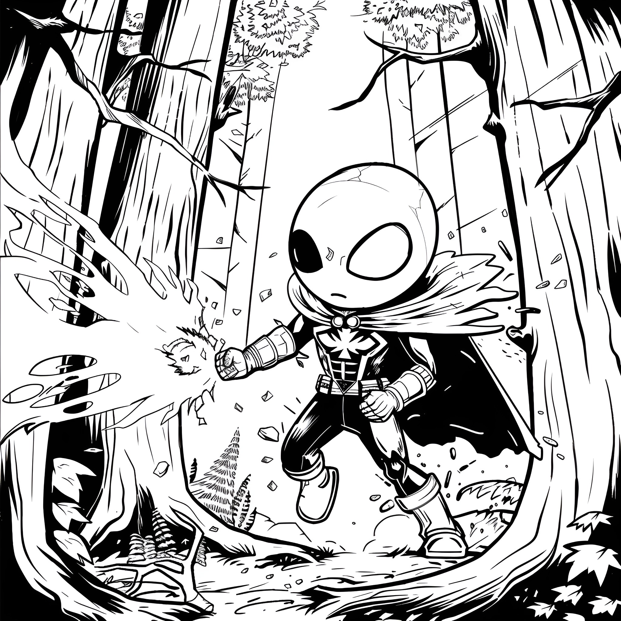 Superhero Warrior Battling in Mysterious Forest Drawing Idea (free black-and-white line drawing printable PDF for all, from beginners to advanced learners, including children, teens, adults, and seniors)