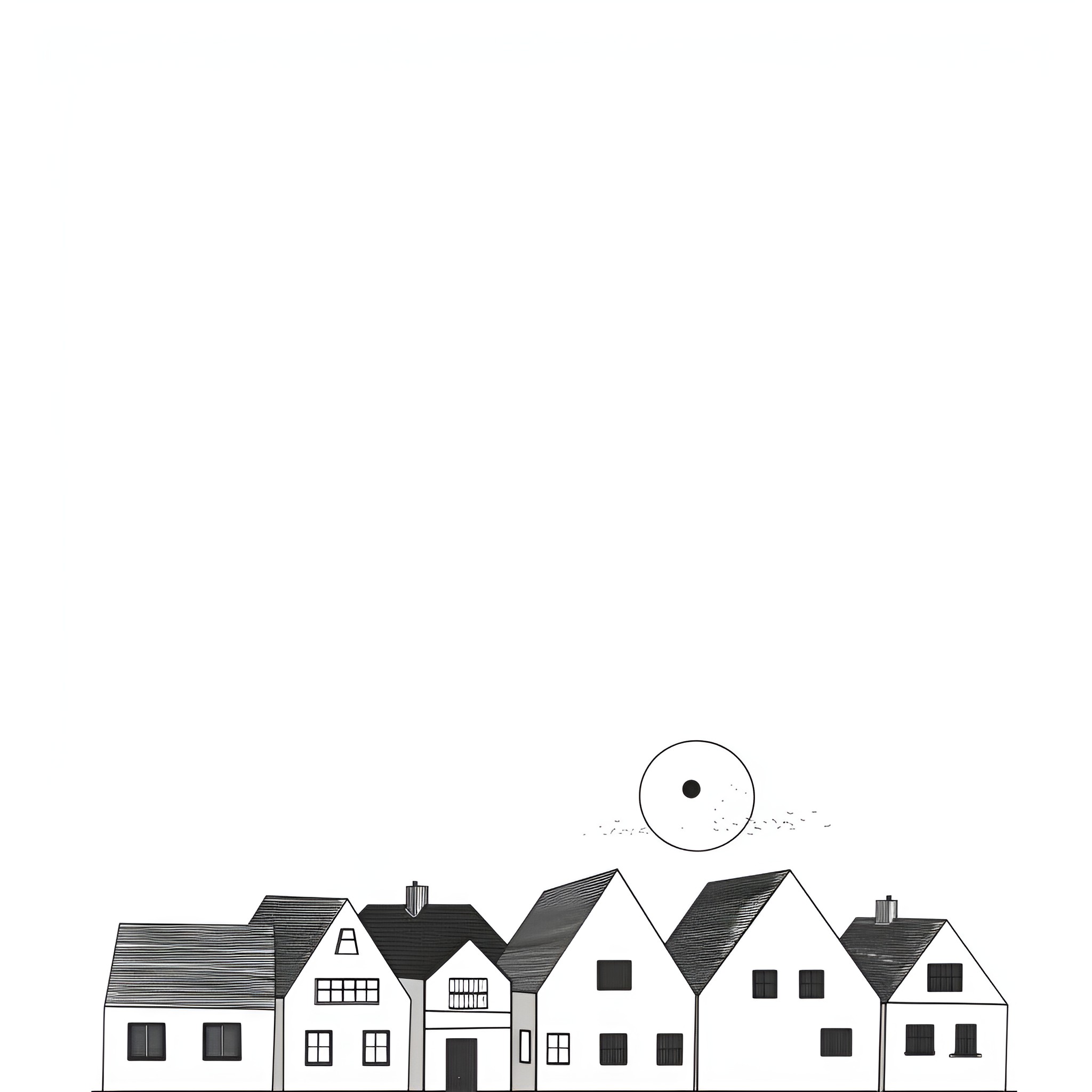 Moon over the village Drawing Idea (free black-and-white line drawing printable PDF for all, from beginners to advanced learners, including children, teens, adults, and seniors)