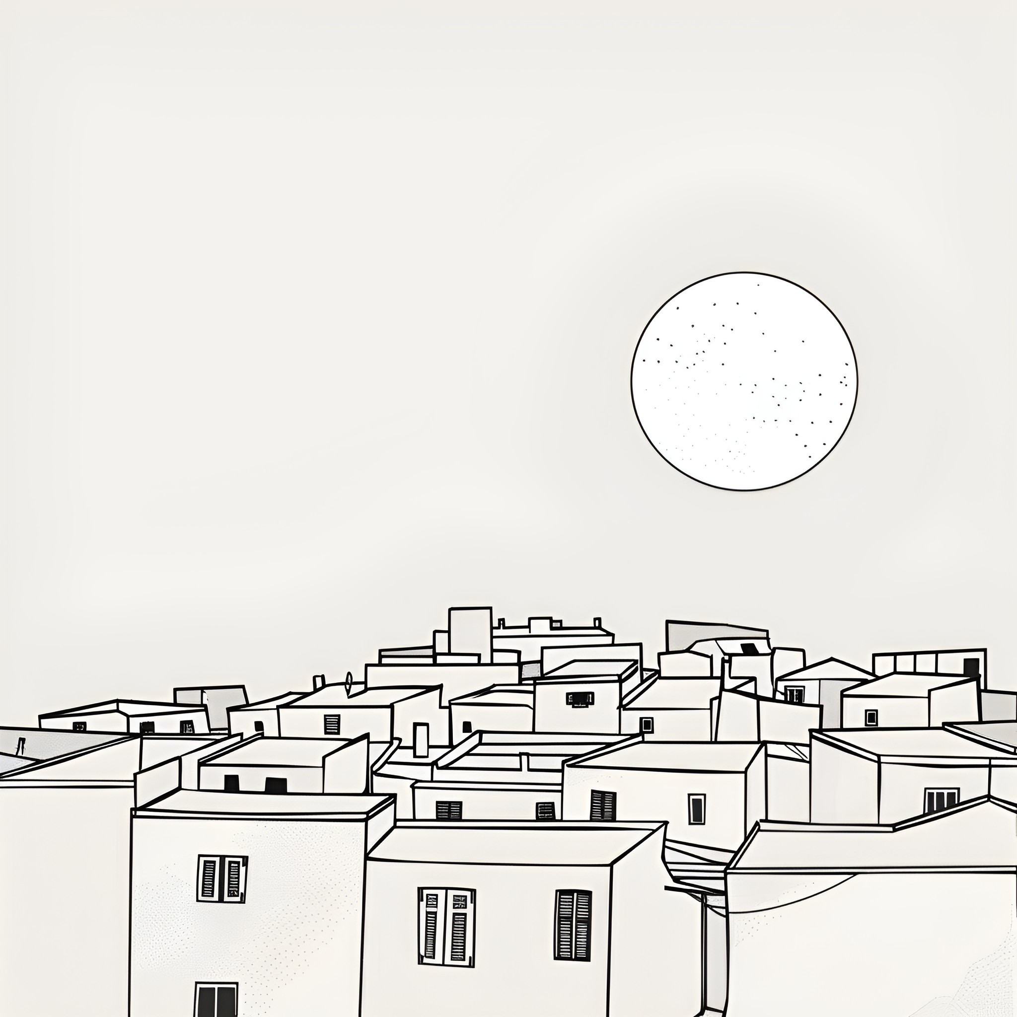 Moon over an urban landscape Drawing Idea (free black-and-white line drawing printable PDF for all, from beginners to advanced learners, including children, teens, adults, and seniors)