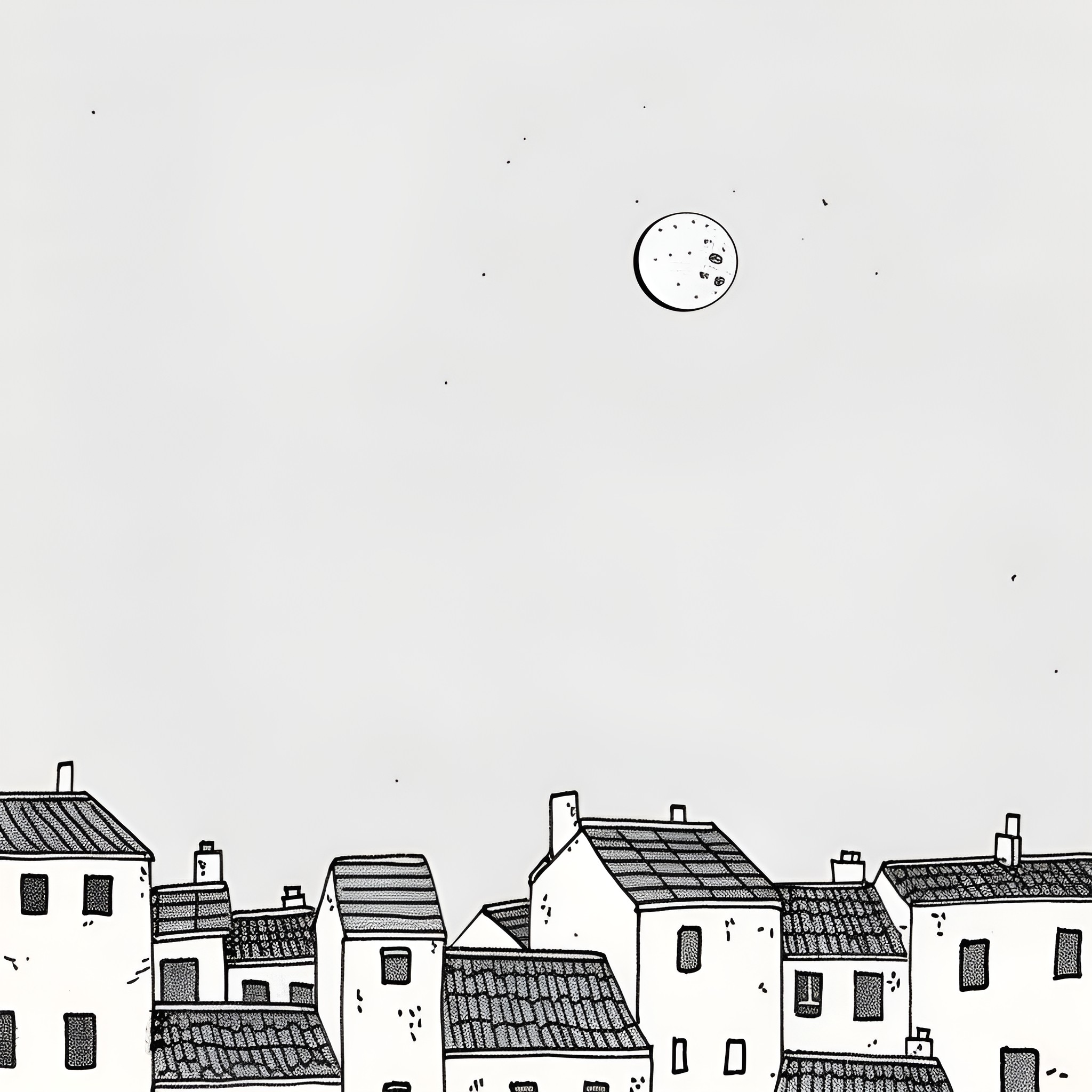 Moon over the village houses Drawing Idea (free black-and-white line drawing printable PDF for all, from beginners to advanced learners, including children, teens, adults, and seniors)