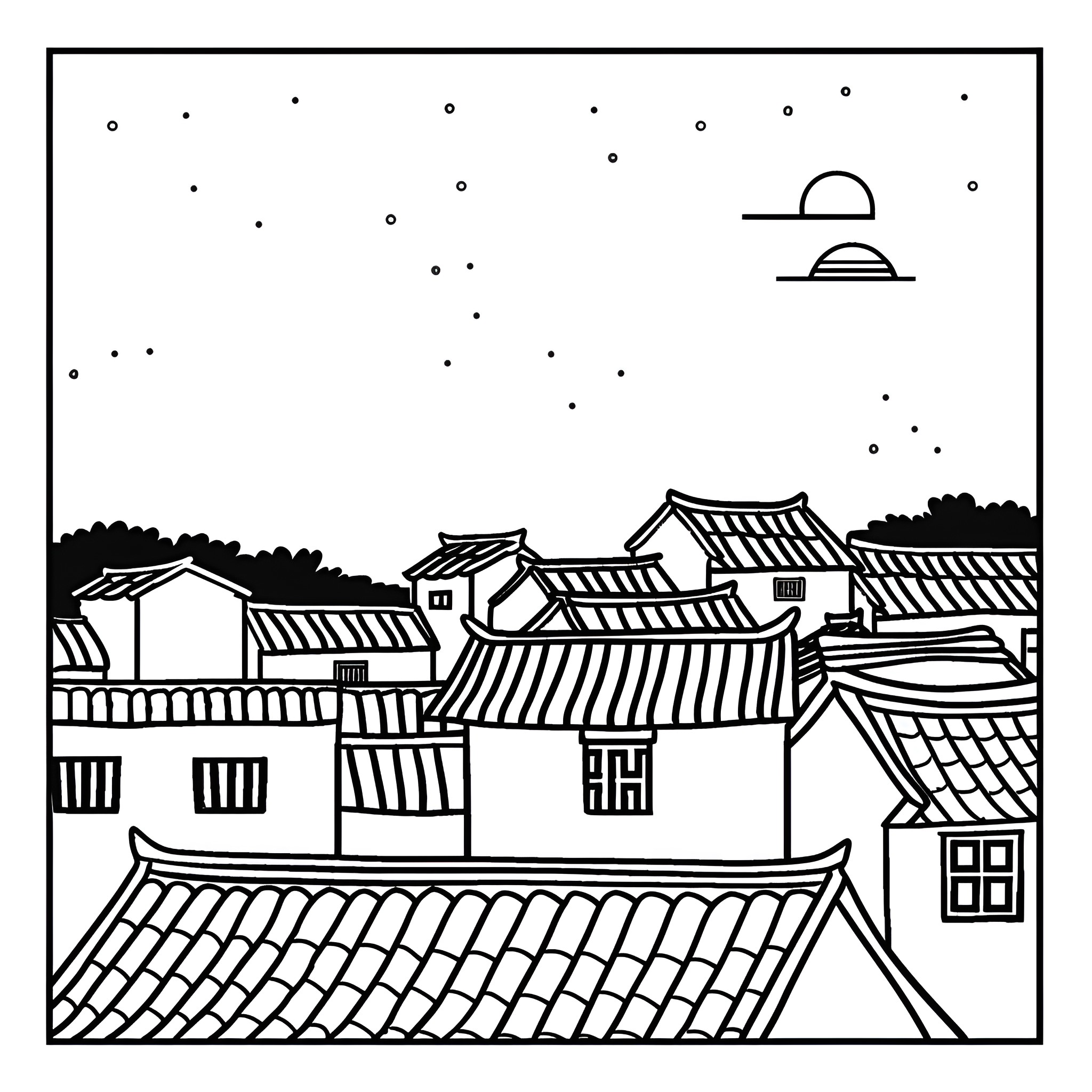 Moon over ancient Japanese town Drawing Idea (free black-and-white line drawing printable PDF for all, from beginners to advanced learners, including children, teens, adults, and seniors)
