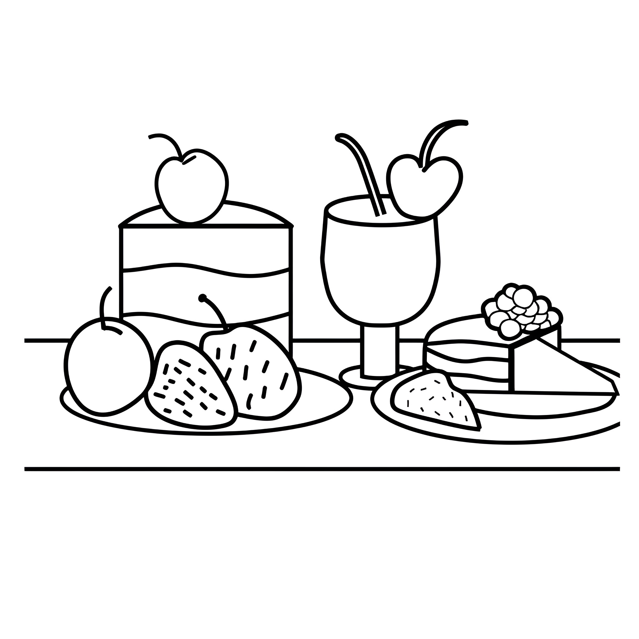 Still Life of Desserts and Beverages Drawing Idea (free black-and-white line drawing printable PDF for all, from beginners to advanced learners, including children, teens, adults, and seniors)