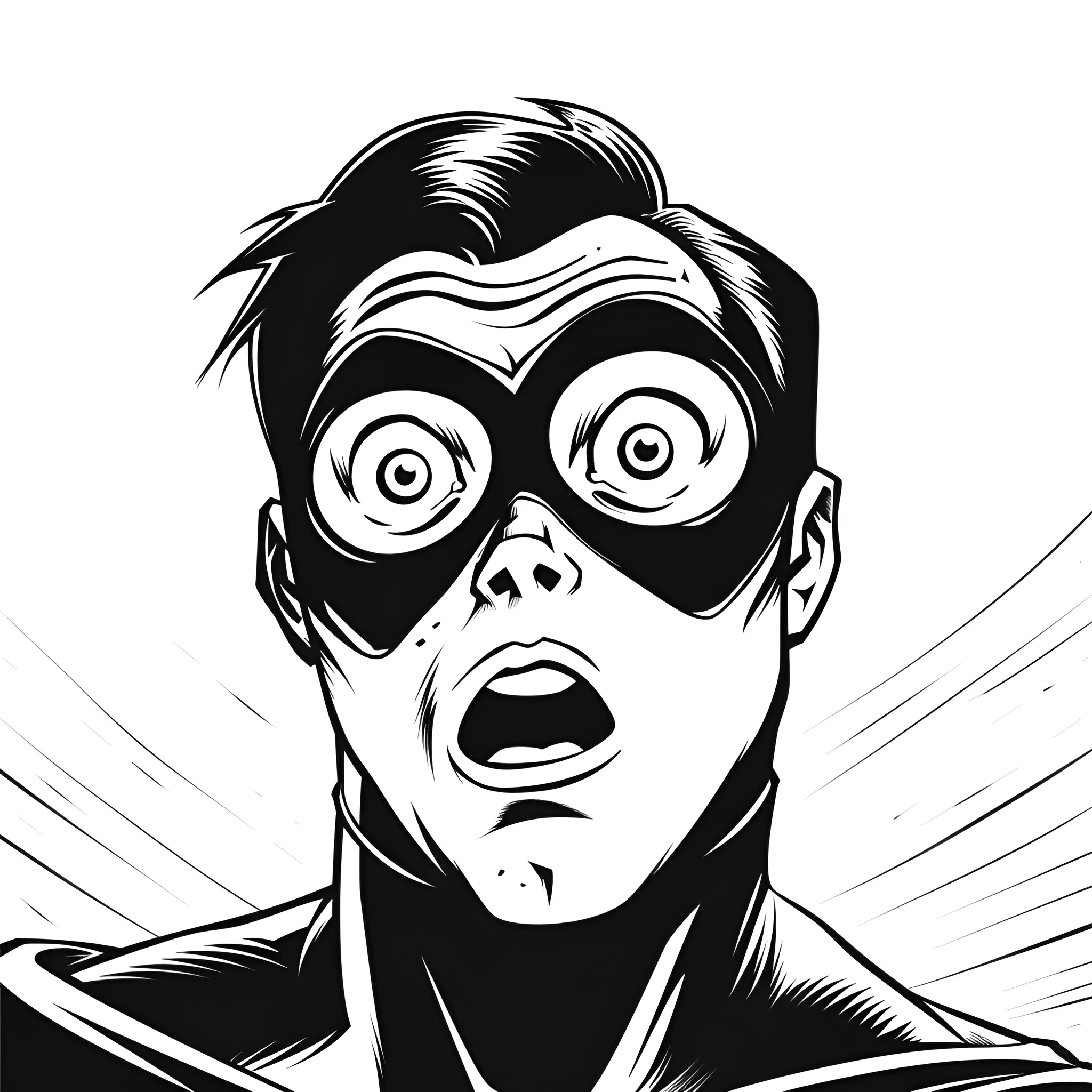 Superhero with Exaggerated Facial Expression Drawing Idea (free black-and-white line drawing printable PDF for all, from beginners to advanced learners, including children, teens, adults, and seniors)