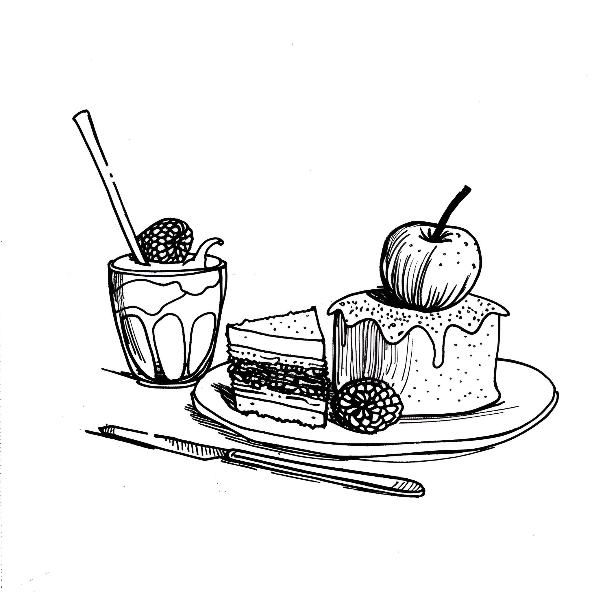 Still Life with Desserts and Drinks Drawing Idea (free black-and-white line drawing printable PDF for all, from beginners to advanced learners, including children, teens, adults, and seniors)