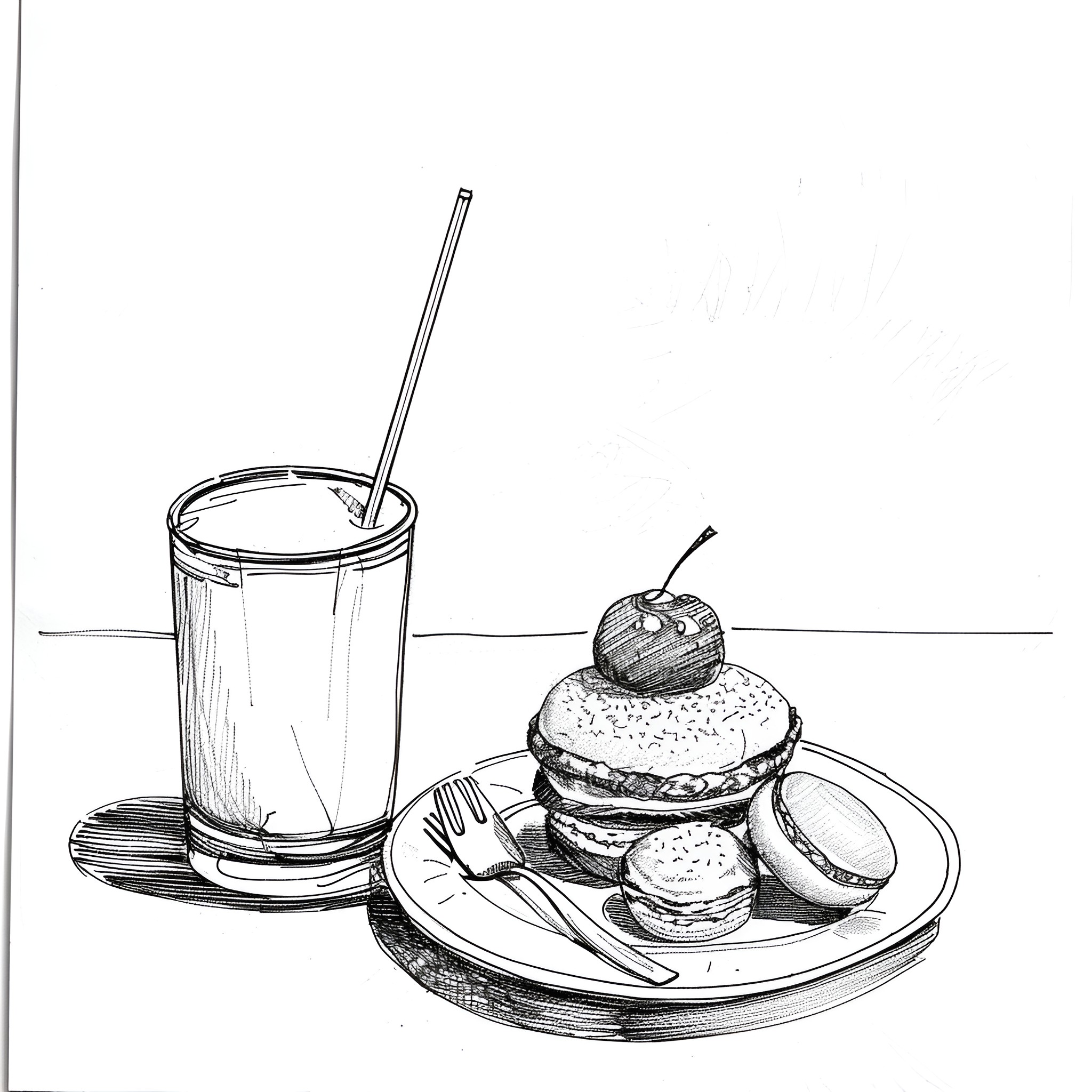 Still Life of Refreshing Drink and Tasty Pastries Drawing Idea (free black-and-white line drawing printable PDF for all, from beginners to advanced learners, including children, teens, adults, and seniors)
