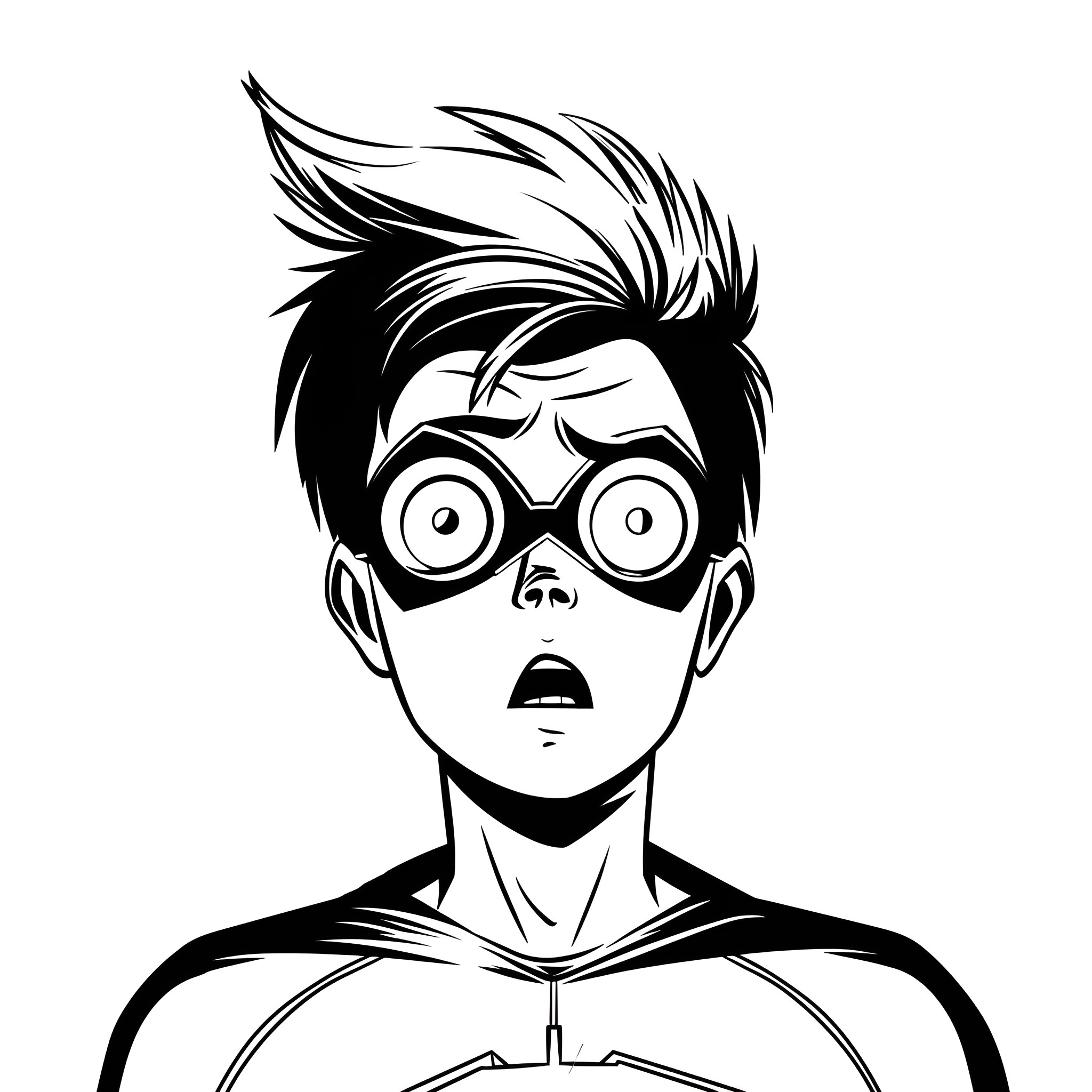 Superhero with surprised expression and goggles Drawing Idea (free black-and-white line drawing printable PDF for all, from beginners to advanced learners, including children, teens, adults, and seniors)