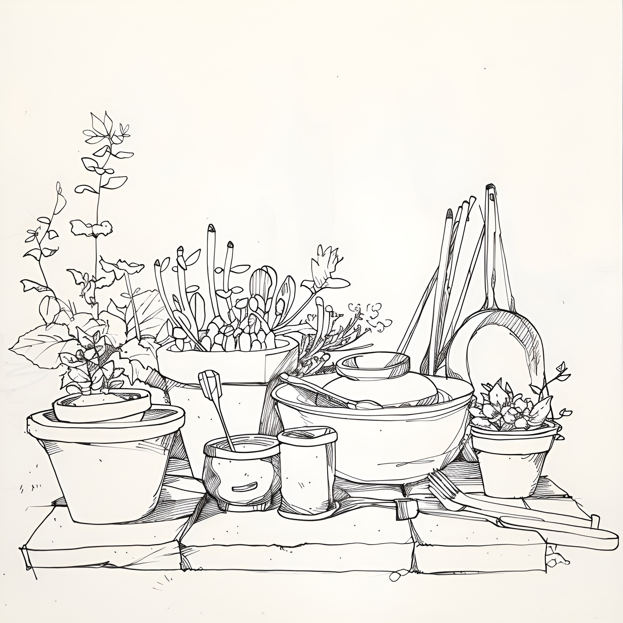 Still Life with Gardening Tools and Potted Plants Drawing Idea (free black-and-white line drawing printable PDF for all, from beginners to advanced learners, including children, teens, adults, and seniors)