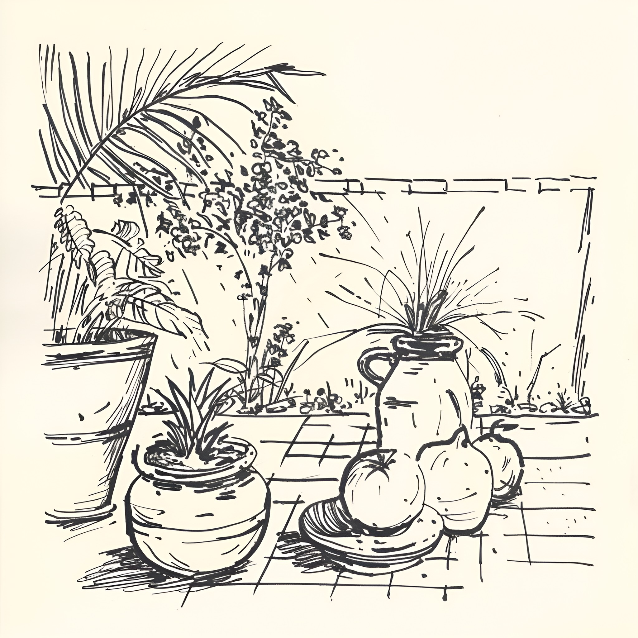 Still Life with Potted Plants and Earthen Vessels Drawing Idea (free black-and-white line drawing printable PDF for all, from beginners to advanced learners, including children, teens, adults, and seniors)
