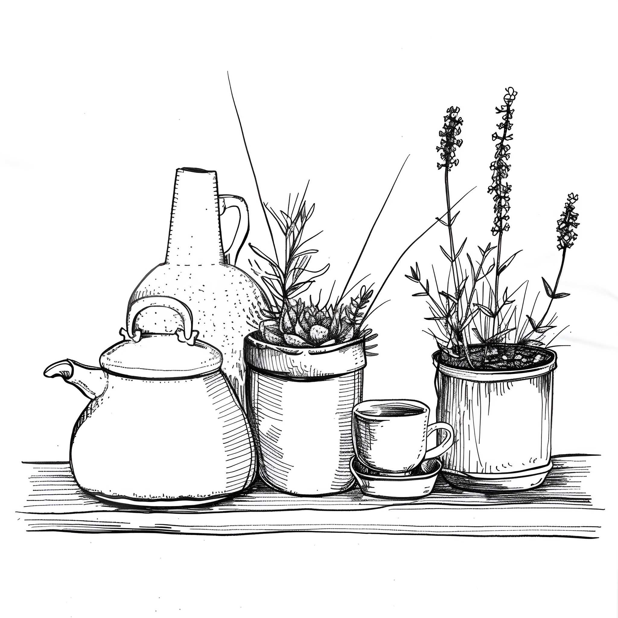 Still Life with Teapot and Potted Plants Drawing Idea (free black-and-white line drawing printable PDF for all, from beginners to advanced learners, including children, teens, adults, and seniors)