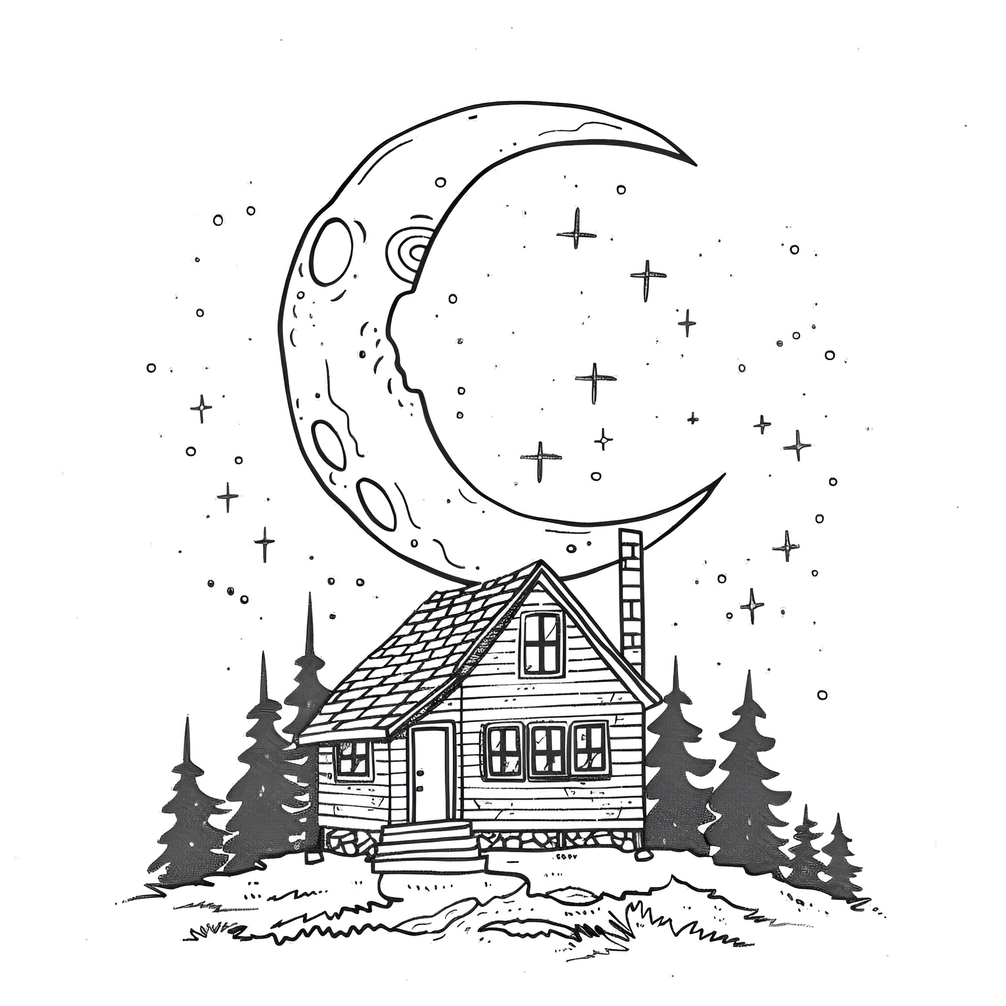 Moon Shining Over Cozy Cabin Drawing Idea (free black-and-white line drawing printable PDF for all, from beginners to advanced learners, including children, teens, adults, and seniors)