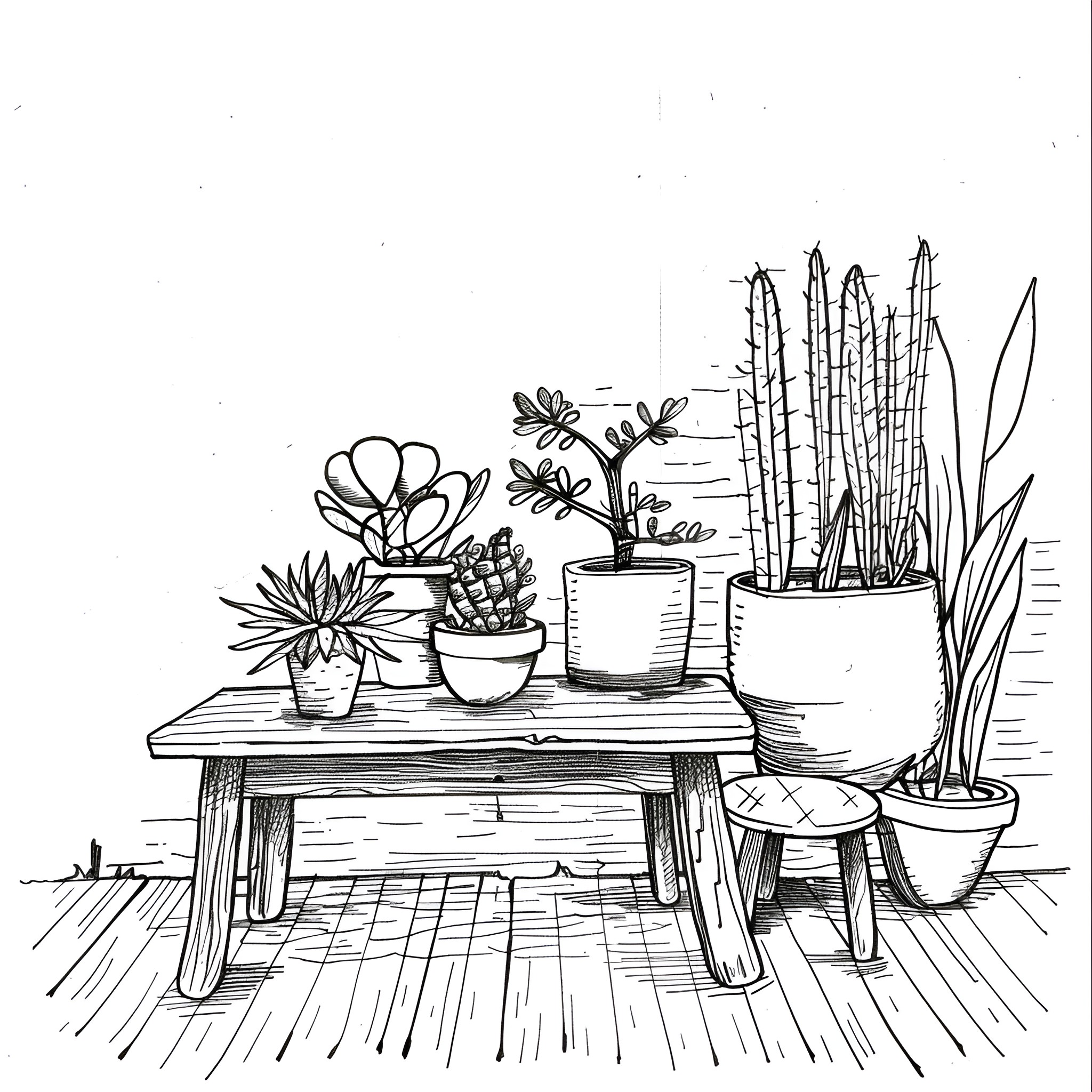 Still Life of Potted Plants and Wooden Furniture Drawing Idea (free black-and-white line drawing printable PDF for all, from beginners to advanced learners, including children, teens, adults, and seniors)