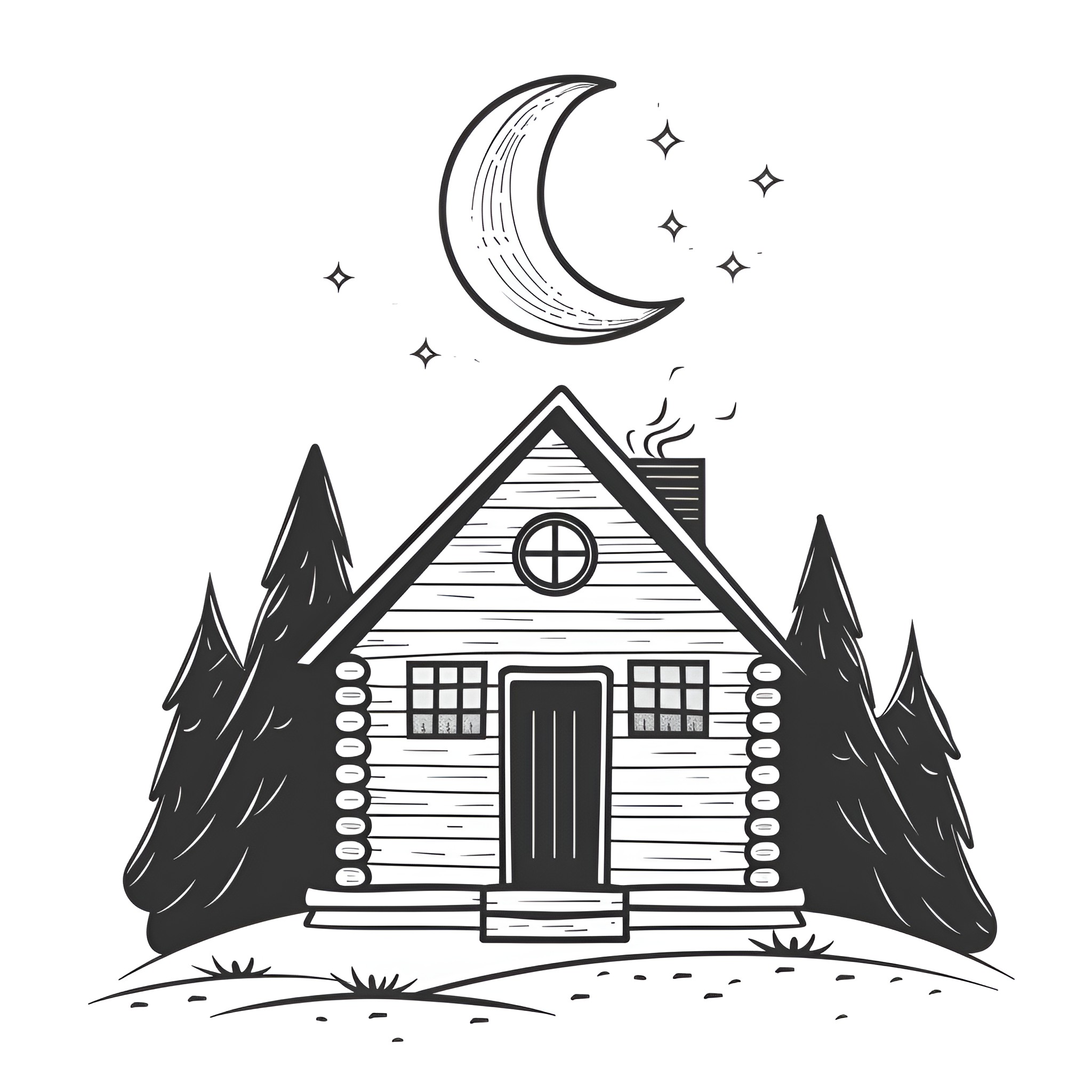 Moon and log cabin in forest Drawing Idea (free black-and-white line drawing printable PDF for all, from beginners to advanced learners, including children, teens, adults, and seniors)