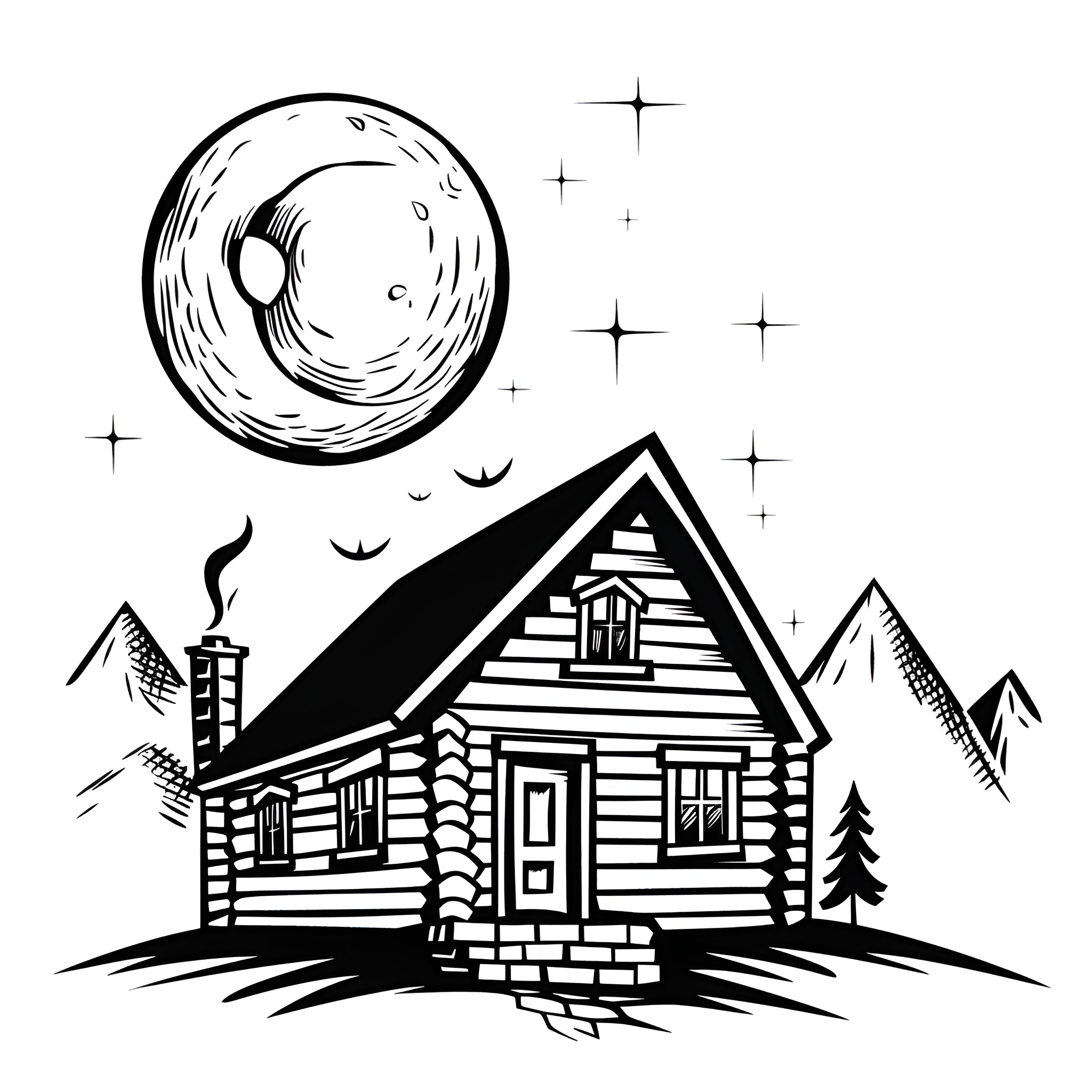 Moon Illuminating Cozy Cabin in the Mountains Drawing Idea (free black-and-white line drawing printable PDF for all, from beginners to advanced learners, including children, teens, adults, and seniors)