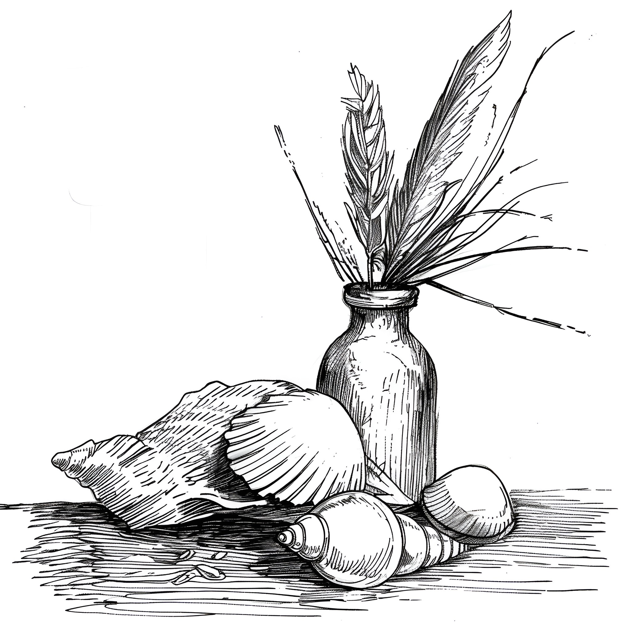 Still Life with Seashells and Feathers Drawing Idea (free black-and-white line drawing printable PDF for all, from beginners to advanced learners, including children, teens, adults, and seniors)