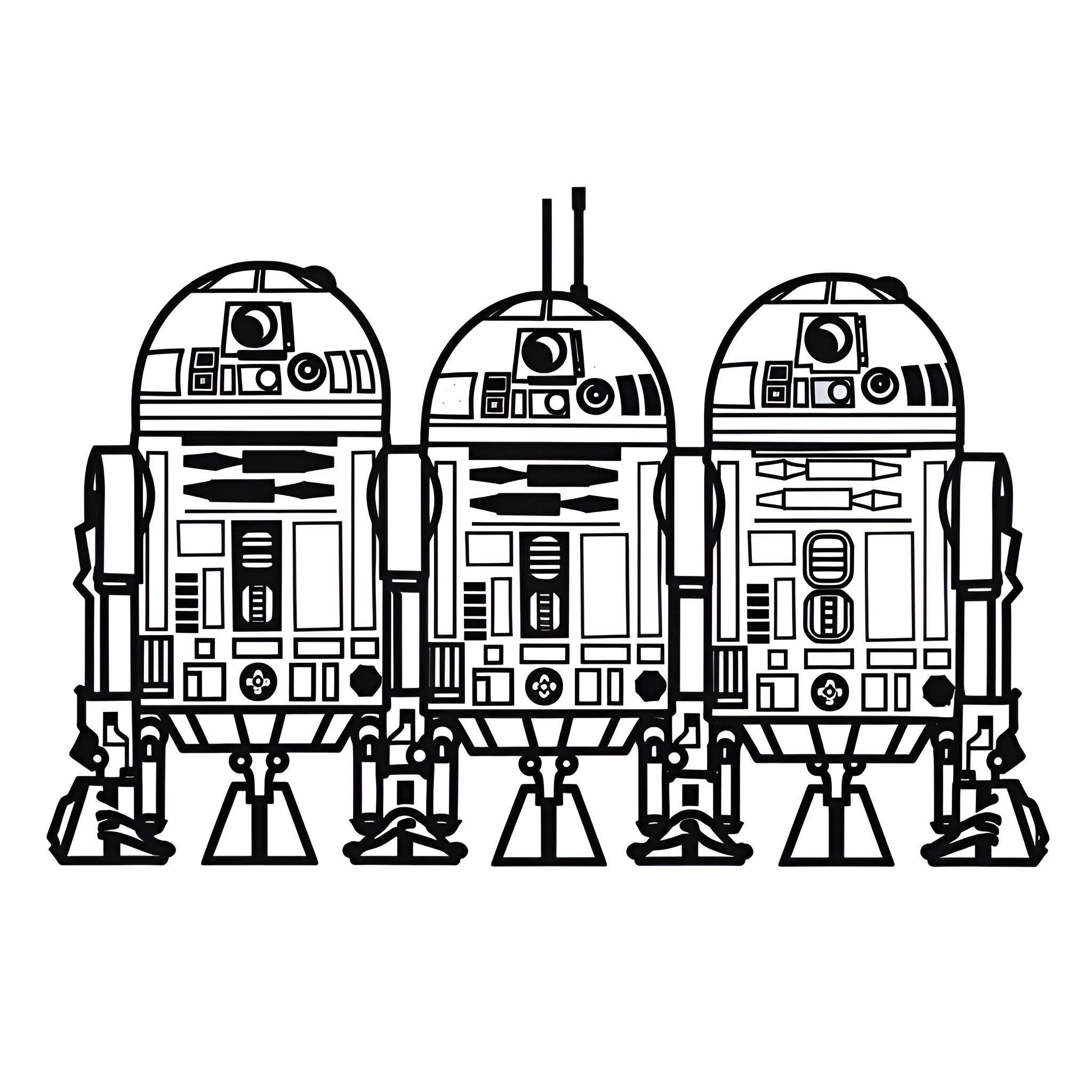 Star Wars trio of iconic droids Drawing Idea (free black-and-white line drawing printable PDF for all, from beginners to advanced learners, including children, teens, adults, and seniors)