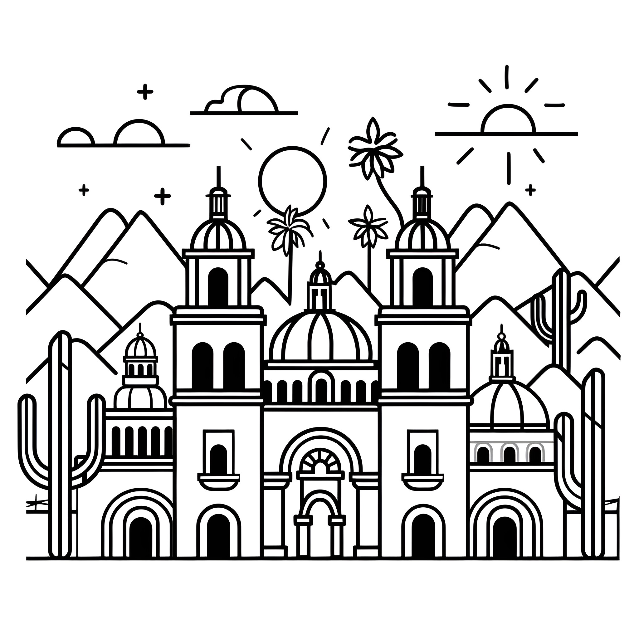Mexico cityscape with architectural landmarks Drawing Idea (free black-and-white line drawing printable PDF for all, from beginners to advanced learners, including children, teens, adults, and seniors)