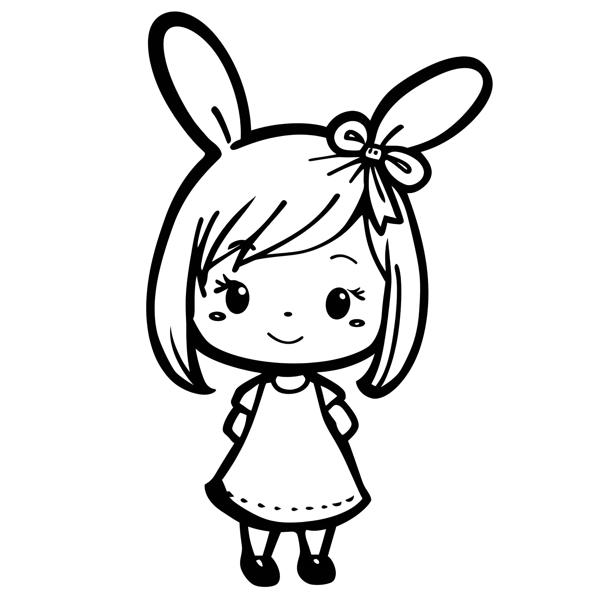 Kawaii girl with bunny ears and a bow Drawing Idea (free black-and-white line drawing printable PDF for all, from beginners to advanced learners, including children, teens, adults, and seniors)