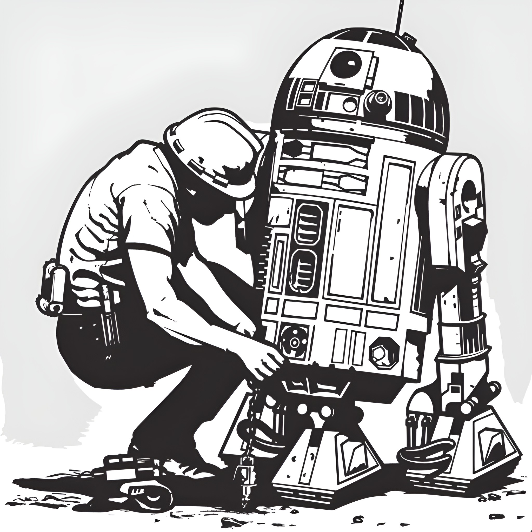 Star Wars droid repair scene Drawing Idea (free black-and-white line drawing printable PDF for all, from beginners to advanced learners, including children, teens, adults, and seniors)