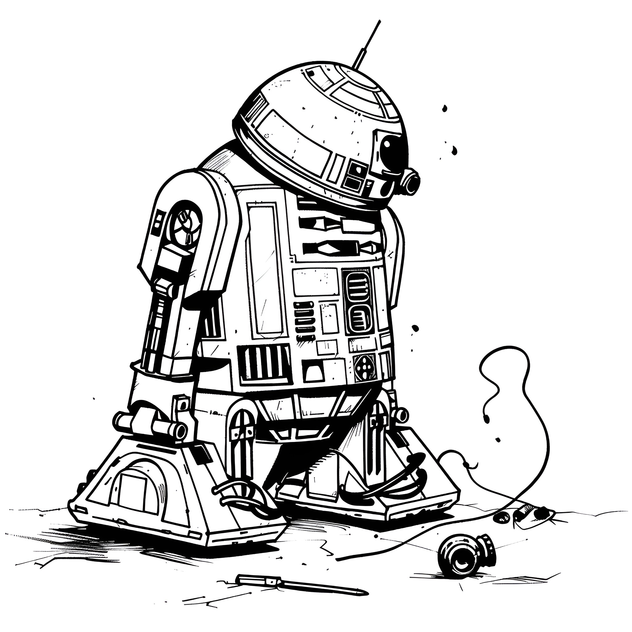 Star Wars droid repair on desert planet Drawing Idea (free black-and-white line drawing printable PDF for all, from beginners to advanced learners, including children, teens, adults, and seniors)
