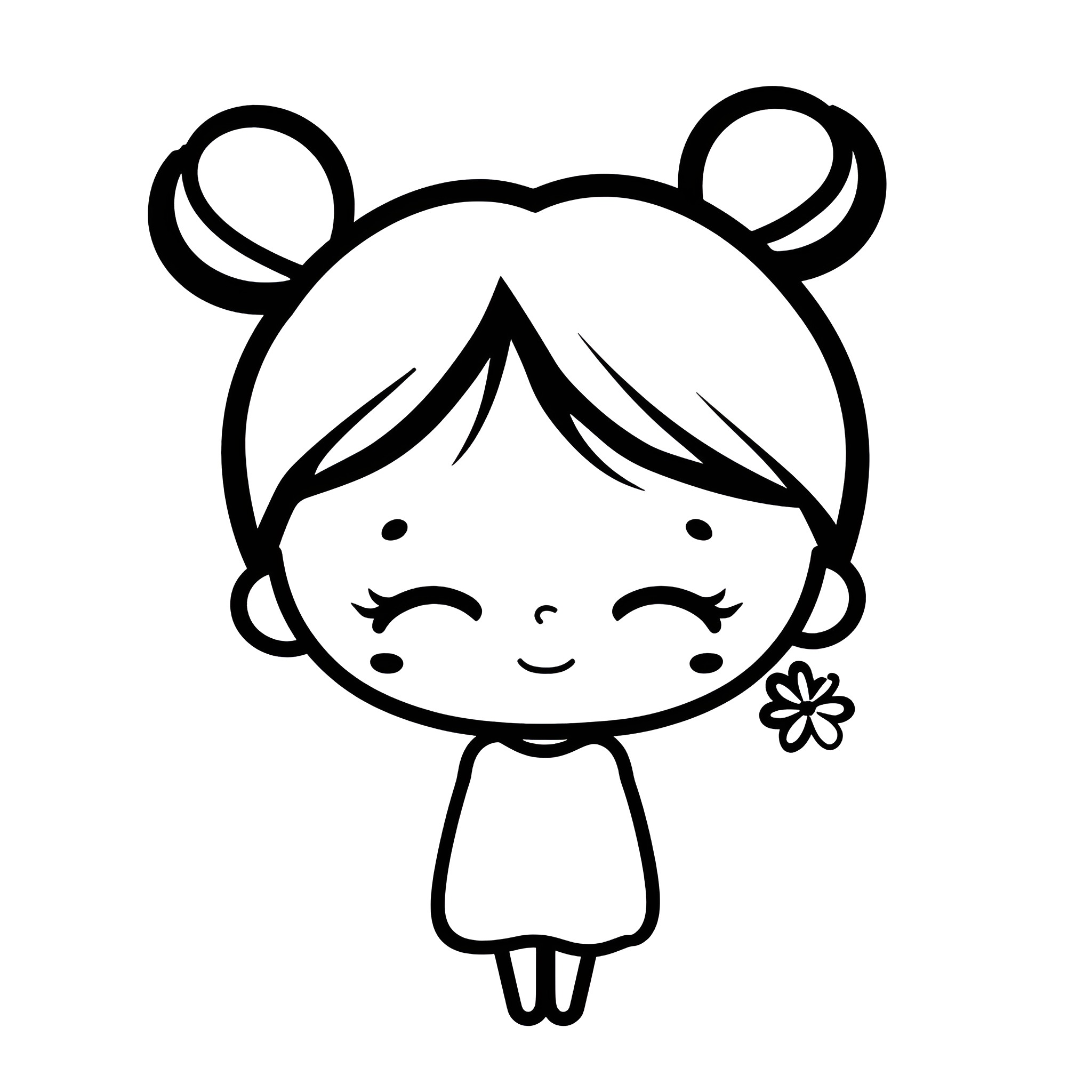 Kawaii Cheerful Girl Holding Flower Drawing Idea (free black-and-white line drawing printable PDF for all, from beginners to advanced learners, including children, teens, adults, and seniors)
