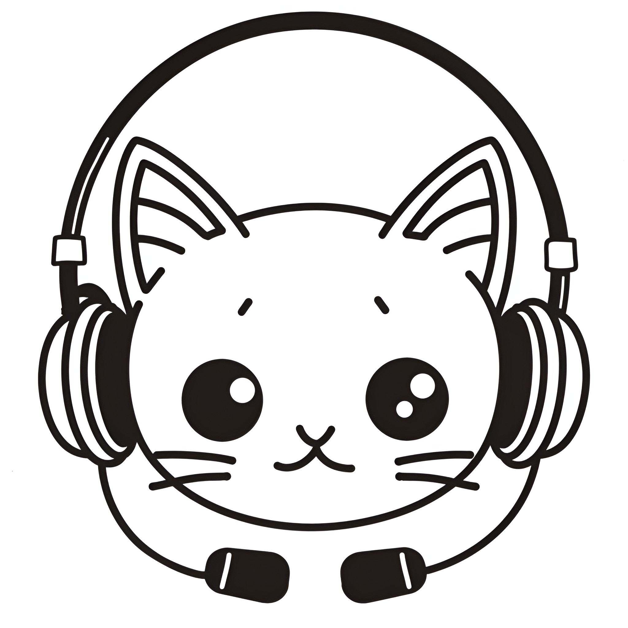 Kawaii Cat Listening to Music Drawing Idea (free black-and-white line drawing printable PDF for all, from beginners to advanced learners, including children, teens, adults, and seniors)