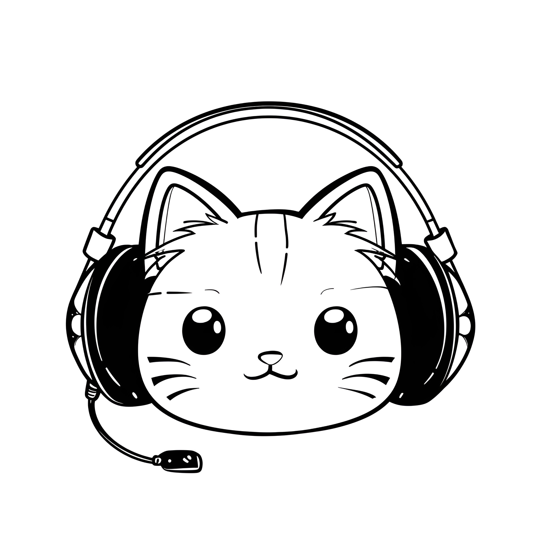 Kawaii cat with headphones Drawing Idea (free black-and-white line drawing printable PDF for all, from beginners to advanced learners, including children, teens, adults, and seniors)