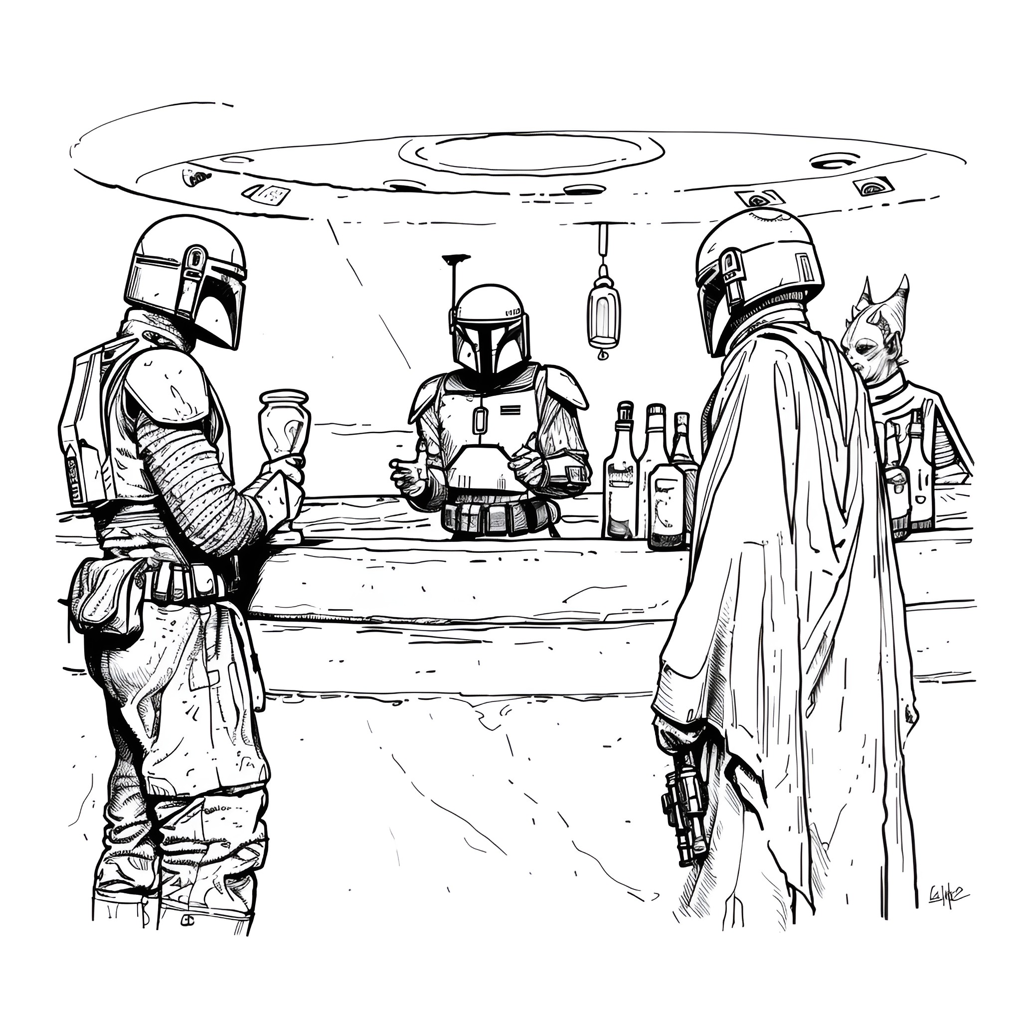 Star Wars characters in spaceship bar scene Drawing Idea (free black-and-white line drawing printable PDF for all, from beginners to advanced learners, including children, teens, adults, and seniors)
