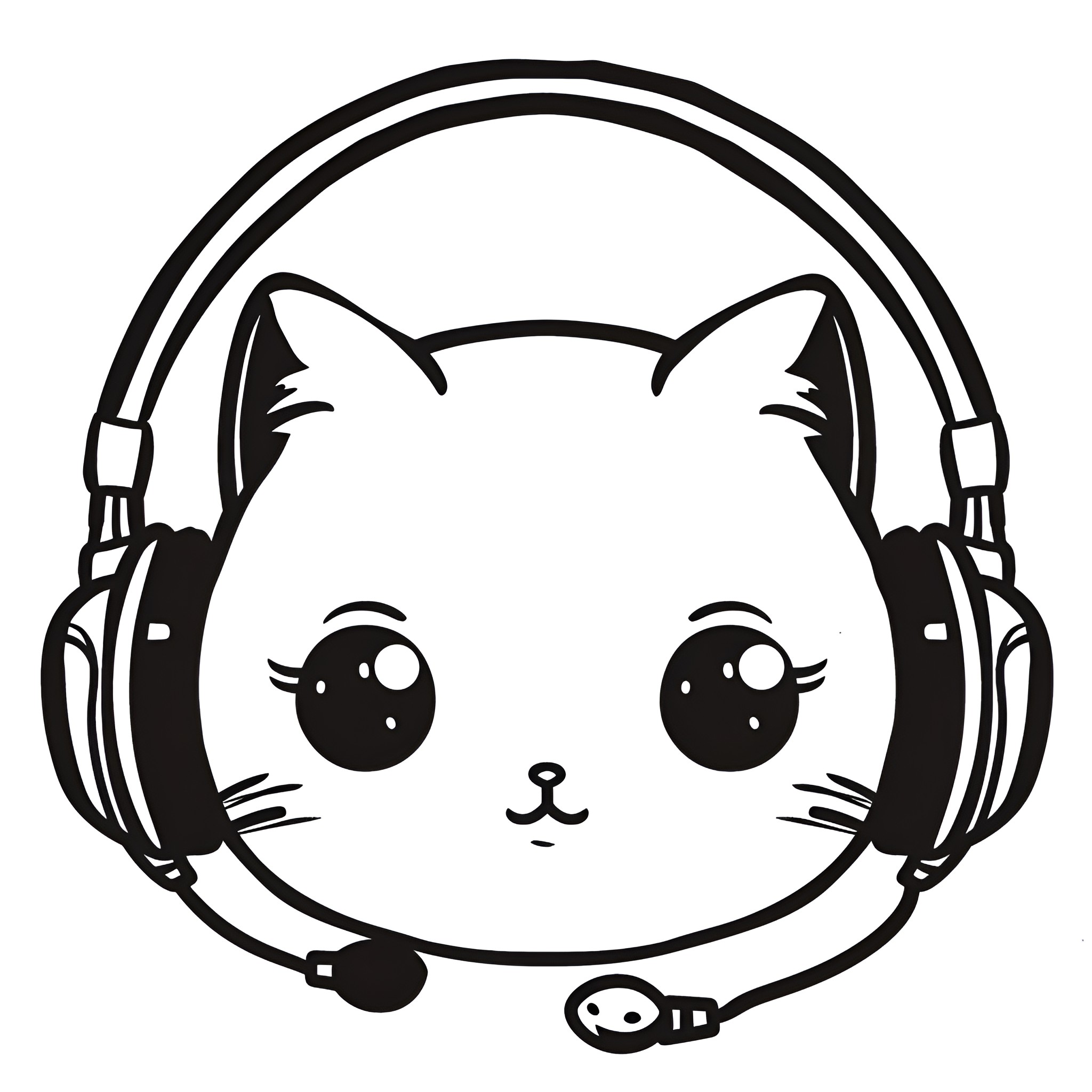 Kawaii Cat with Headphones Drawing Idea (free black-and-white line drawing printable PDF for all, from beginners to advanced learners, including children, teens, adults, and seniors)