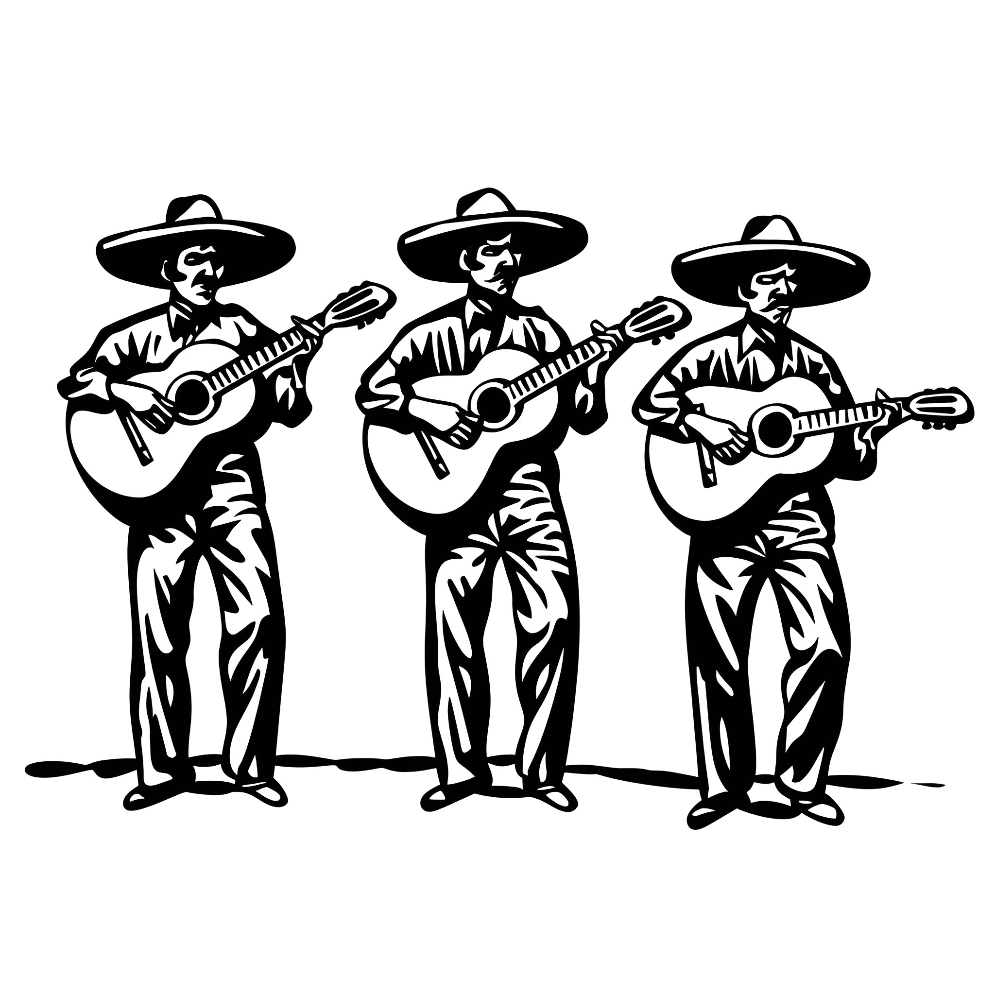 Mexico mariachi musicians playing guitars Drawing Idea (free black-and-white line drawing printable PDF for all, from beginners to advanced learners, including children, teens, adults, and seniors)