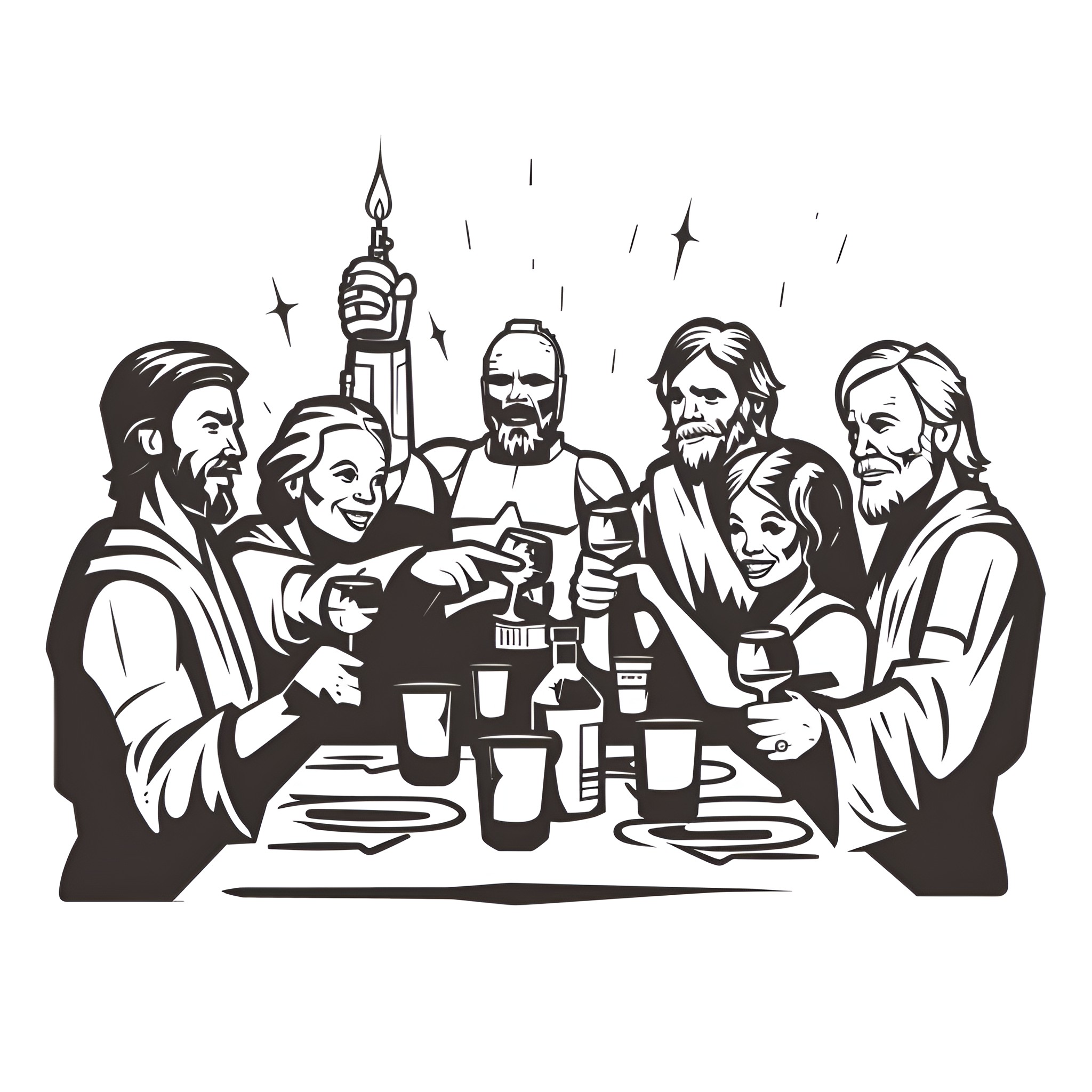 Star Wars characters celebrating together Drawing Idea (free black-and-white line drawing printable PDF for all, from beginners to advanced learners, including children, teens, adults, and seniors)
