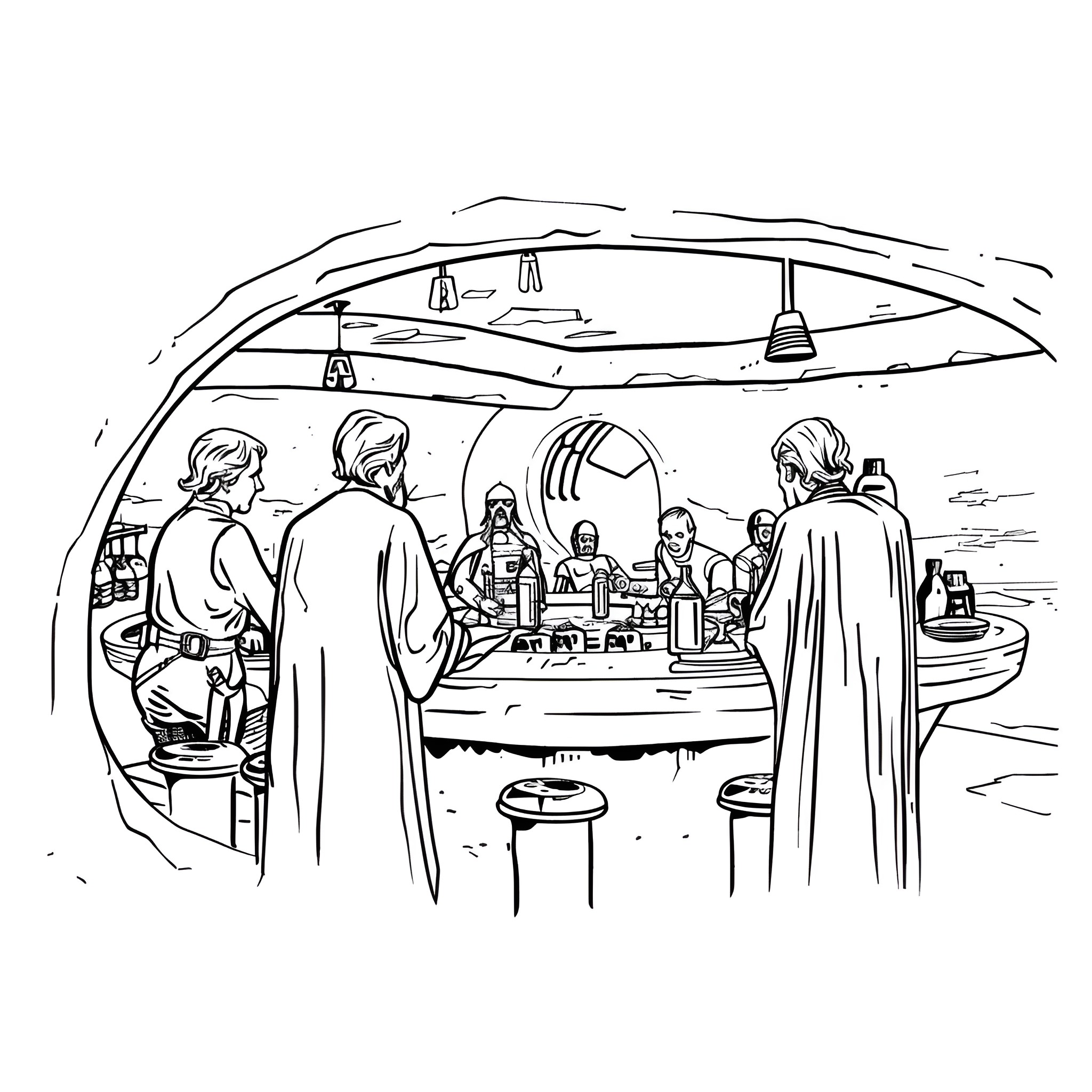 Star Wars characters gathering at a bar Drawing Idea (free black-and-white line drawing printable PDF for all, from beginners to advanced learners, including children, teens, adults, and seniors)