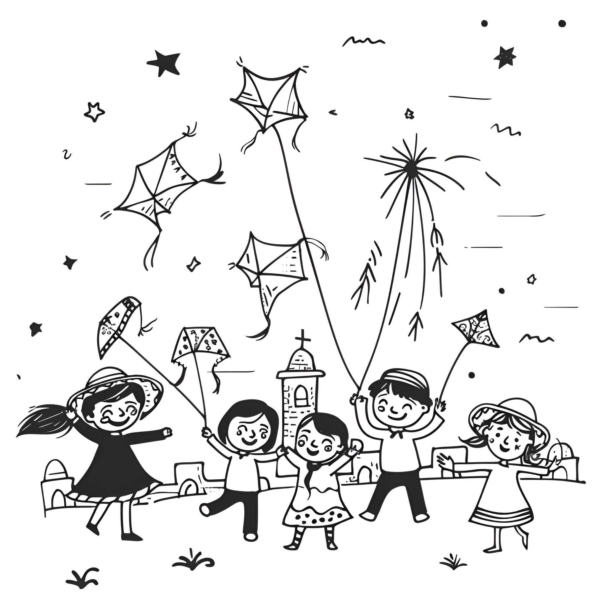 Mexico: Children playing with kites and fireworks Drawing Idea (free black-and-white line drawing printable PDF for all, from beginners to advanced learners, including children, teens, adults, and seniors)
