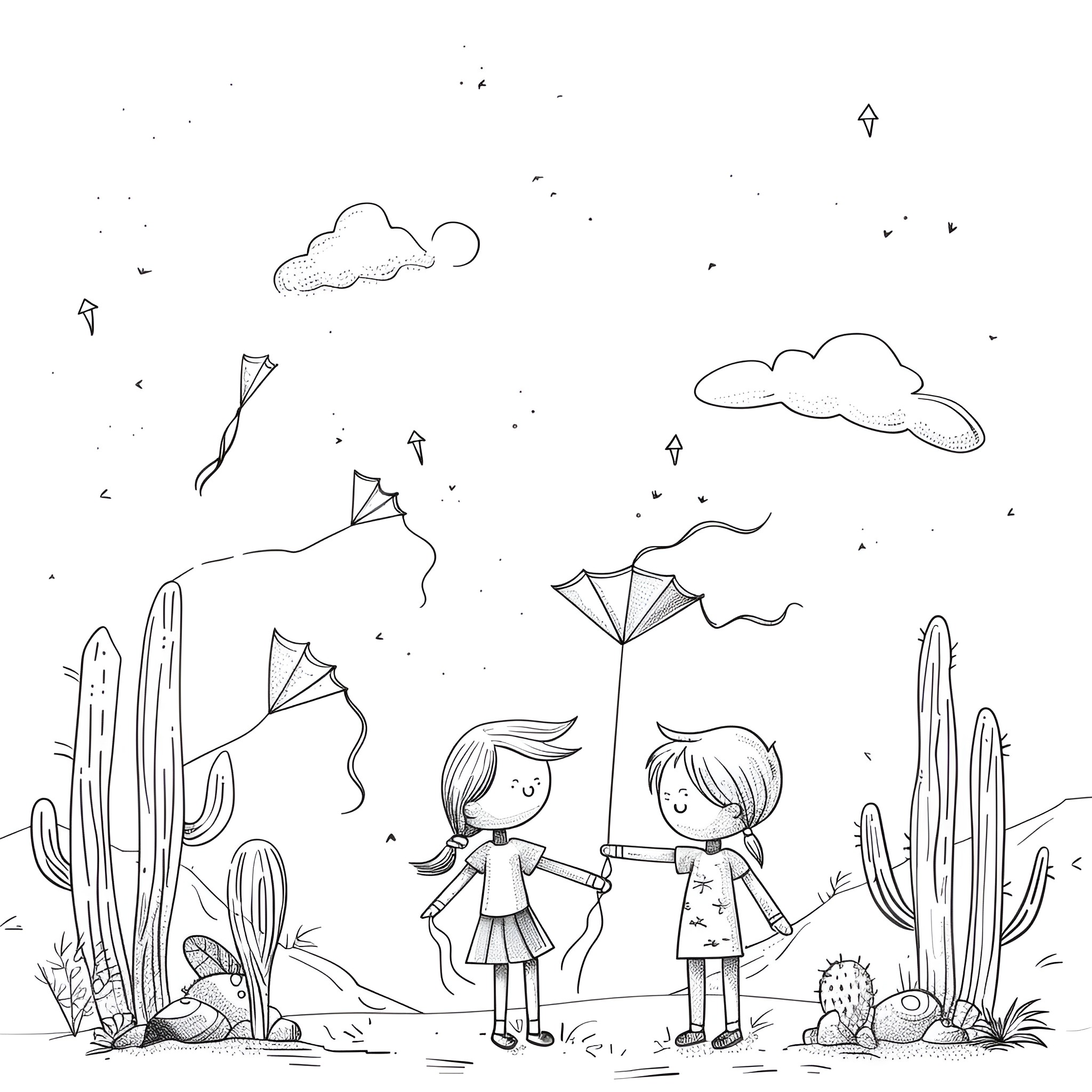 Mexico children playing with kites in desert Drawing Idea (free black-and-white line drawing printable PDF for all, from beginners to advanced learners, including children, teens, adults, and seniors)