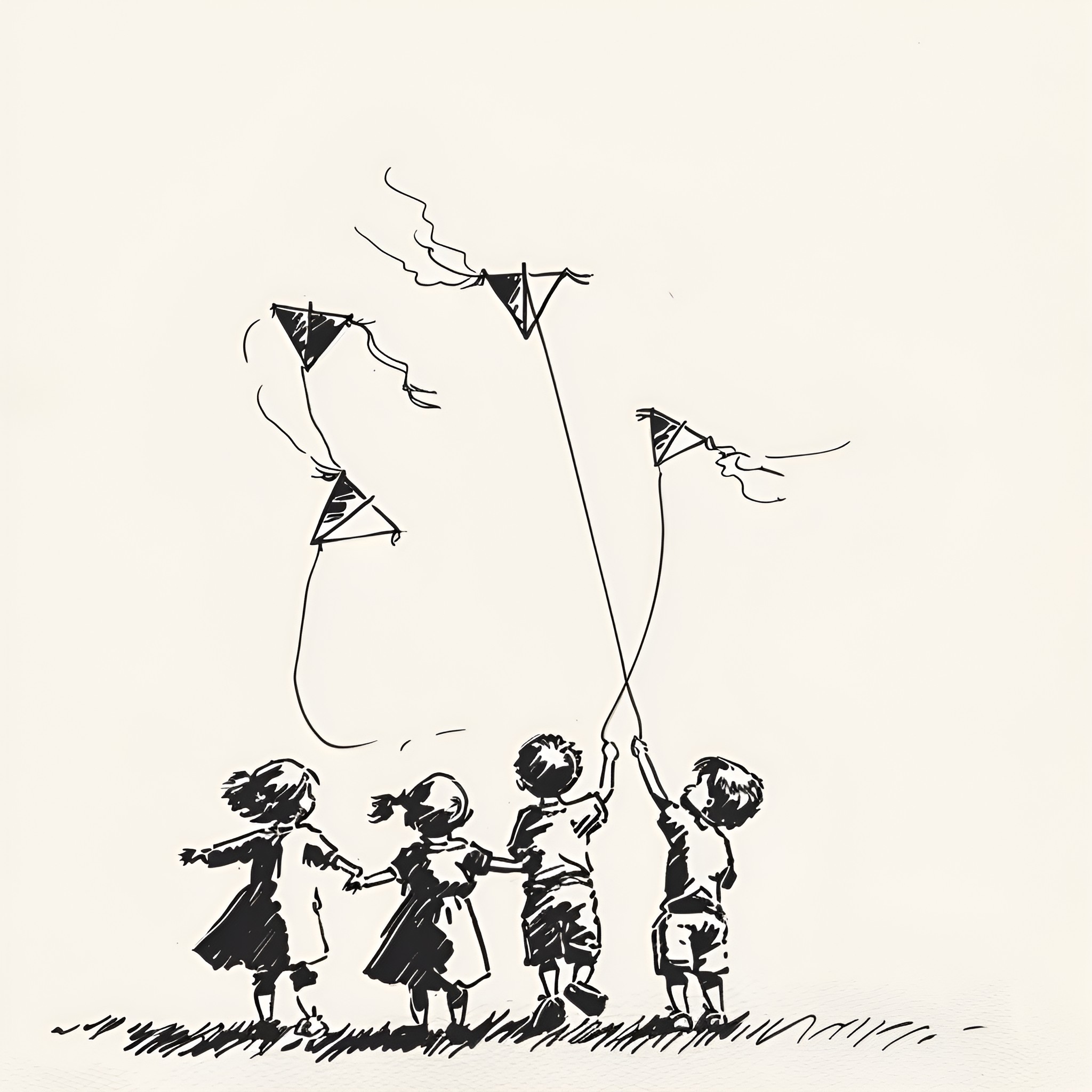Mexico Children Flying Kites Together Drawing Idea (free black-and-white line drawing printable PDF for all, from beginners to advanced learners, including children, teens, adults, and seniors)