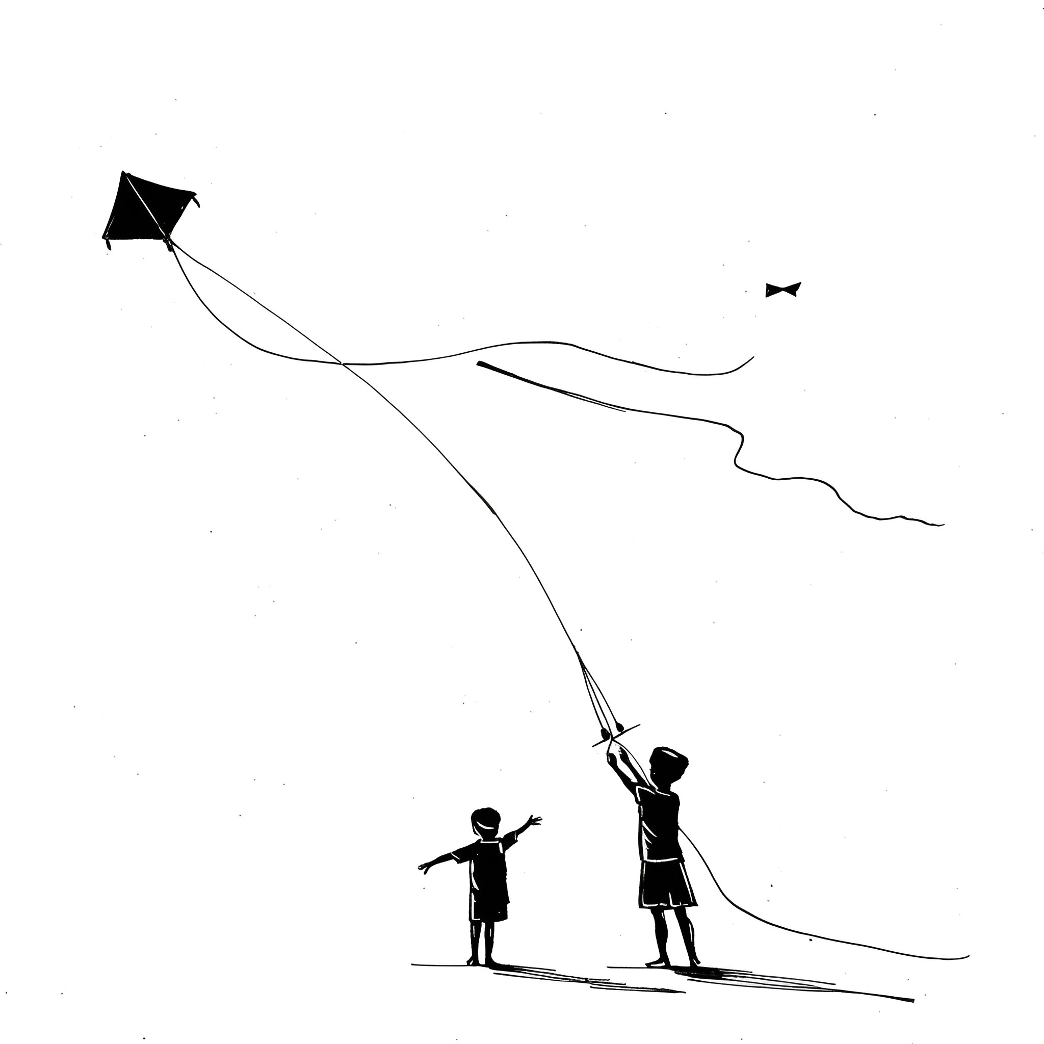 Mexico children flying kite together Drawing Idea (free black-and-white line drawing printable PDF for all, from beginners to advanced learners, including children, teens, adults, and seniors)