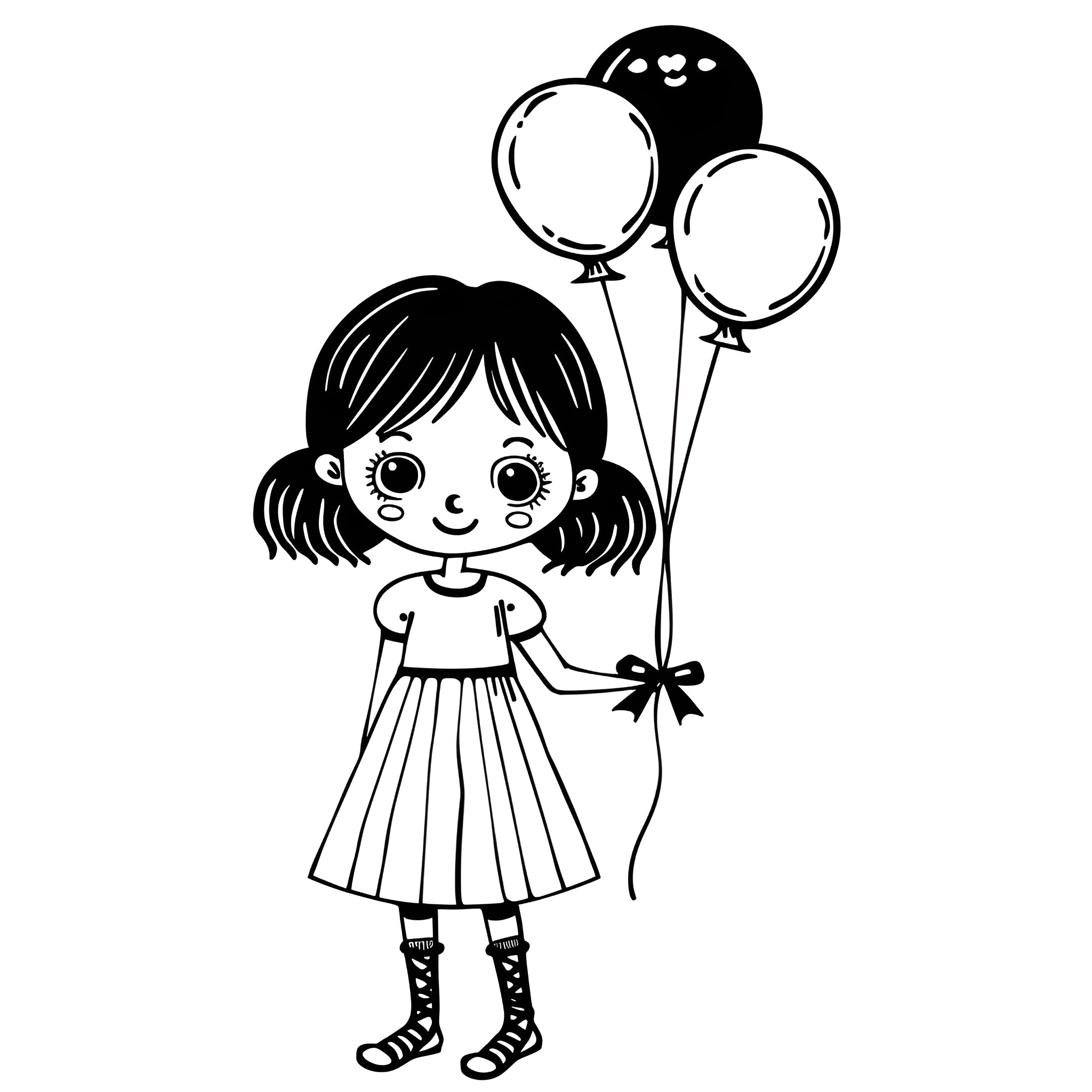 Kawaii girl with cheerful balloons Drawing Idea (free black-and-white line drawing printable PDF for all, from beginners to advanced learners, including children, teens, adults, and seniors)