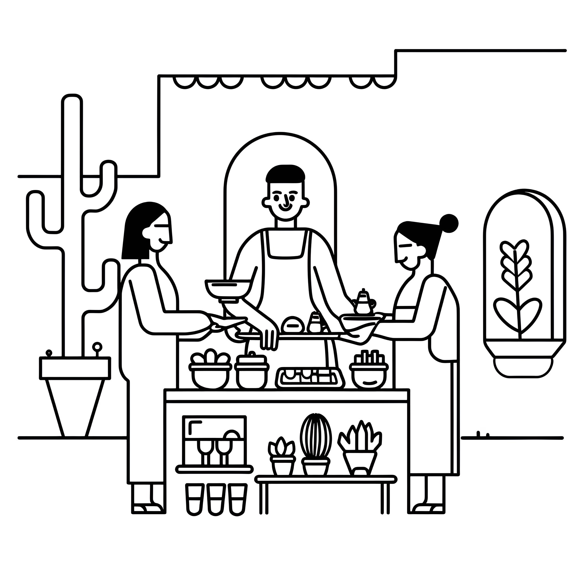 Mexico market scene with vendors and customers Drawing Idea (free black-and-white line drawing printable PDF for all, from beginners to advanced learners, including children, teens, adults, and seniors)