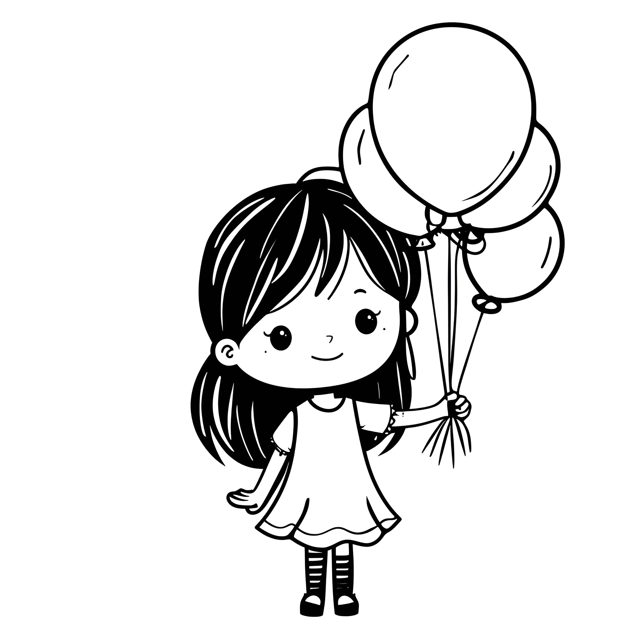 Kawaii Girl with Balloons Drawing Idea (free black-and-white line drawing printable PDF for all, from beginners to advanced learners, including children, teens, adults, and seniors)