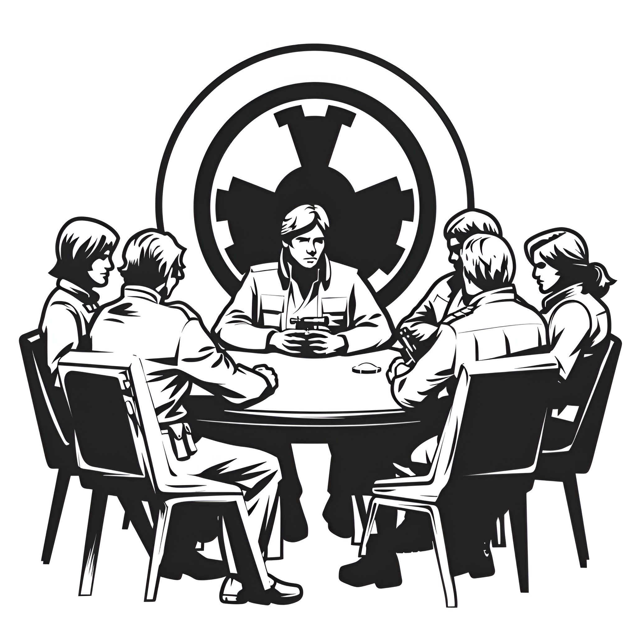 Star Wars Galactic Council Meeting Drawing Idea (free black-and-white line drawing printable PDF for all, from beginners to advanced learners, including children, teens, adults, and seniors)