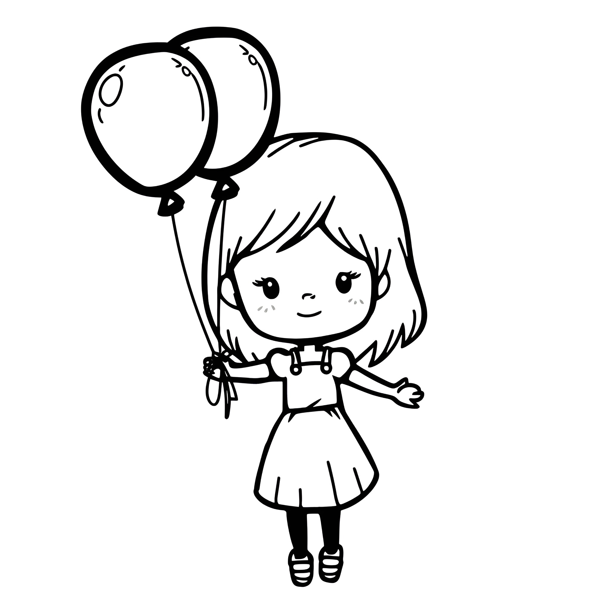 Kawaii girl with balloons Drawing Idea (free black-and-white line drawing printable PDF for all, from beginners to advanced learners, including children, teens, adults, and seniors)